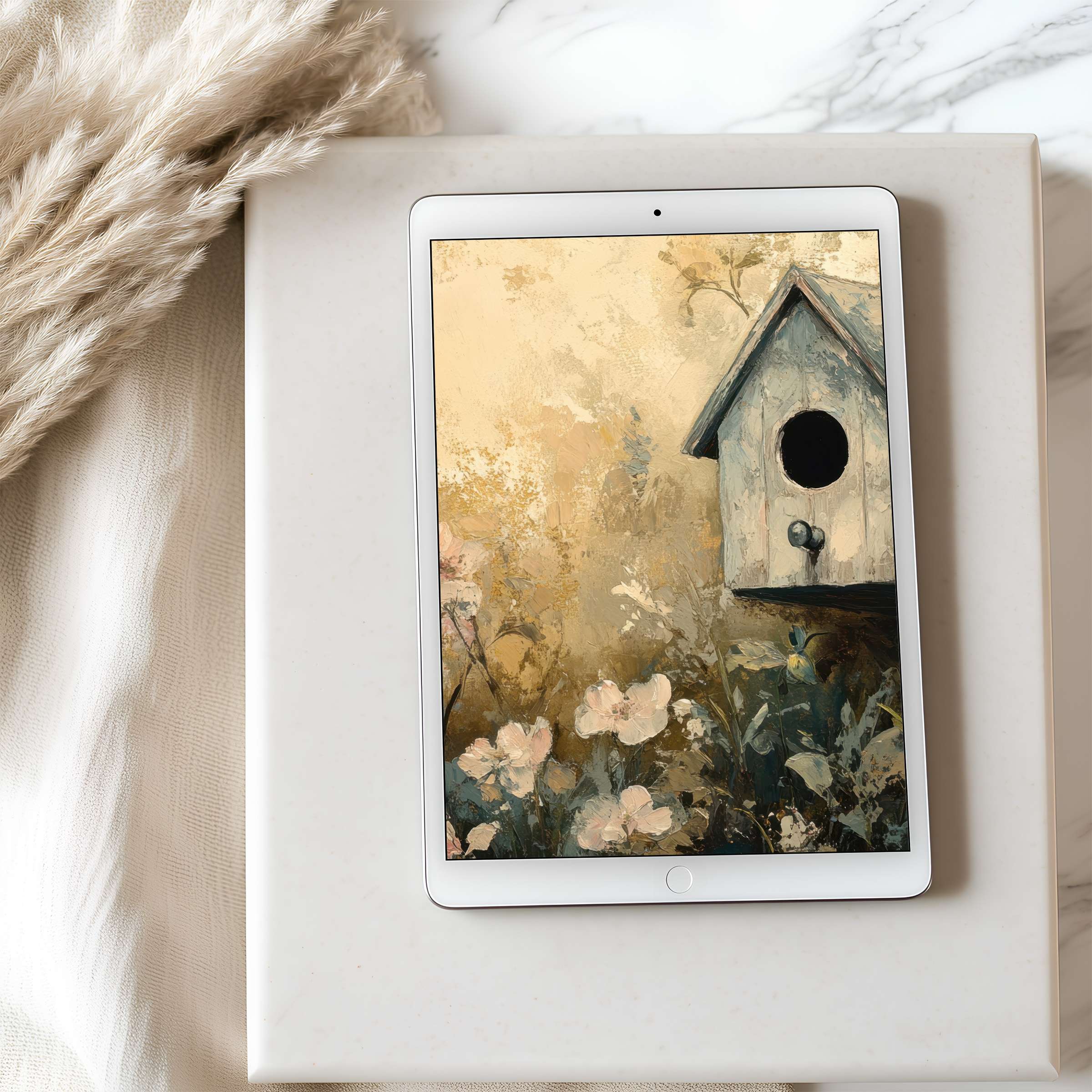 Elegant tablet wallpaper with floral birdhouse art in soft tones offers high-resolution serenity for iPad and Android tablets