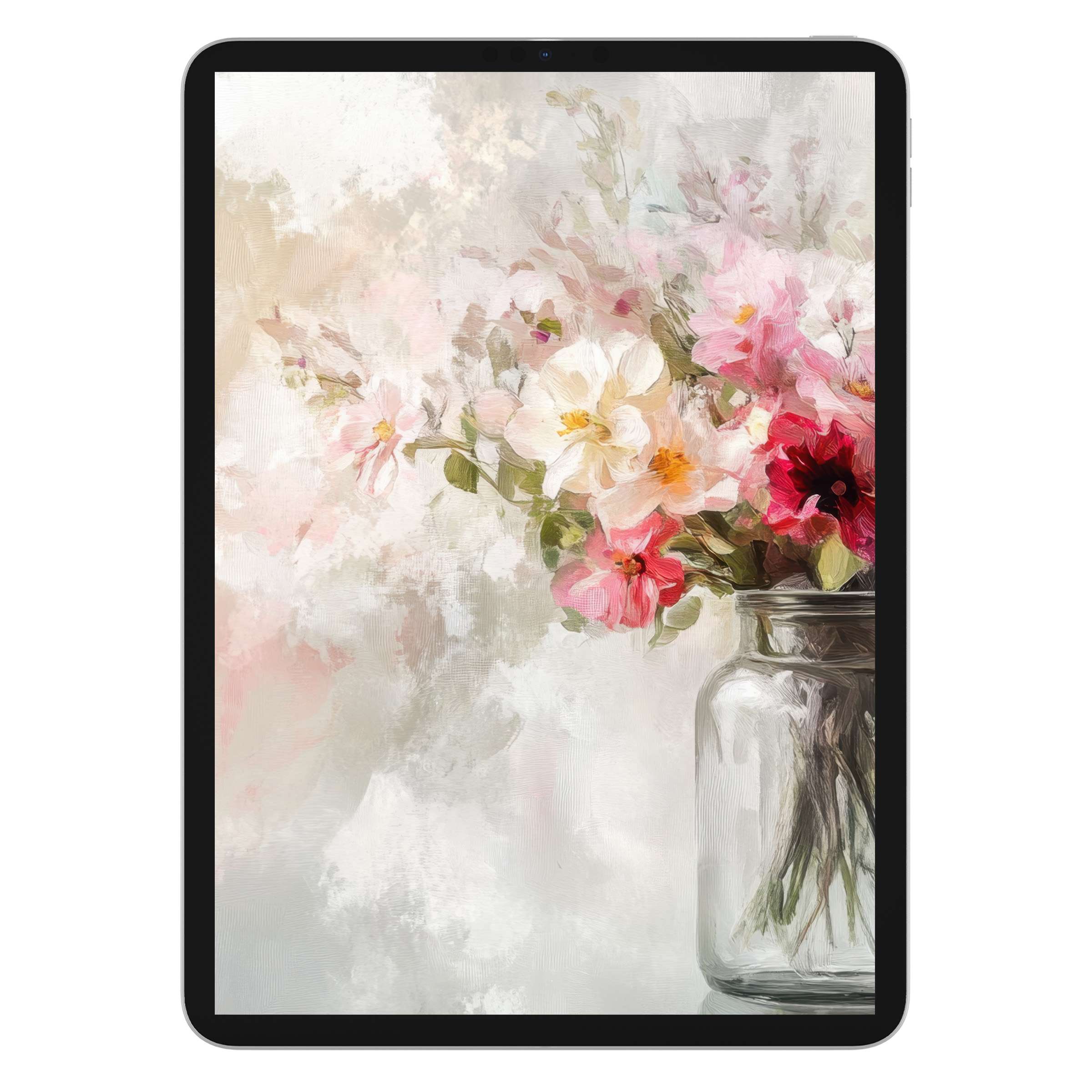 Elegant spring iPad wallpaper featuring pastel bouquet in a jar for tablets, offering a calming digital download background experience