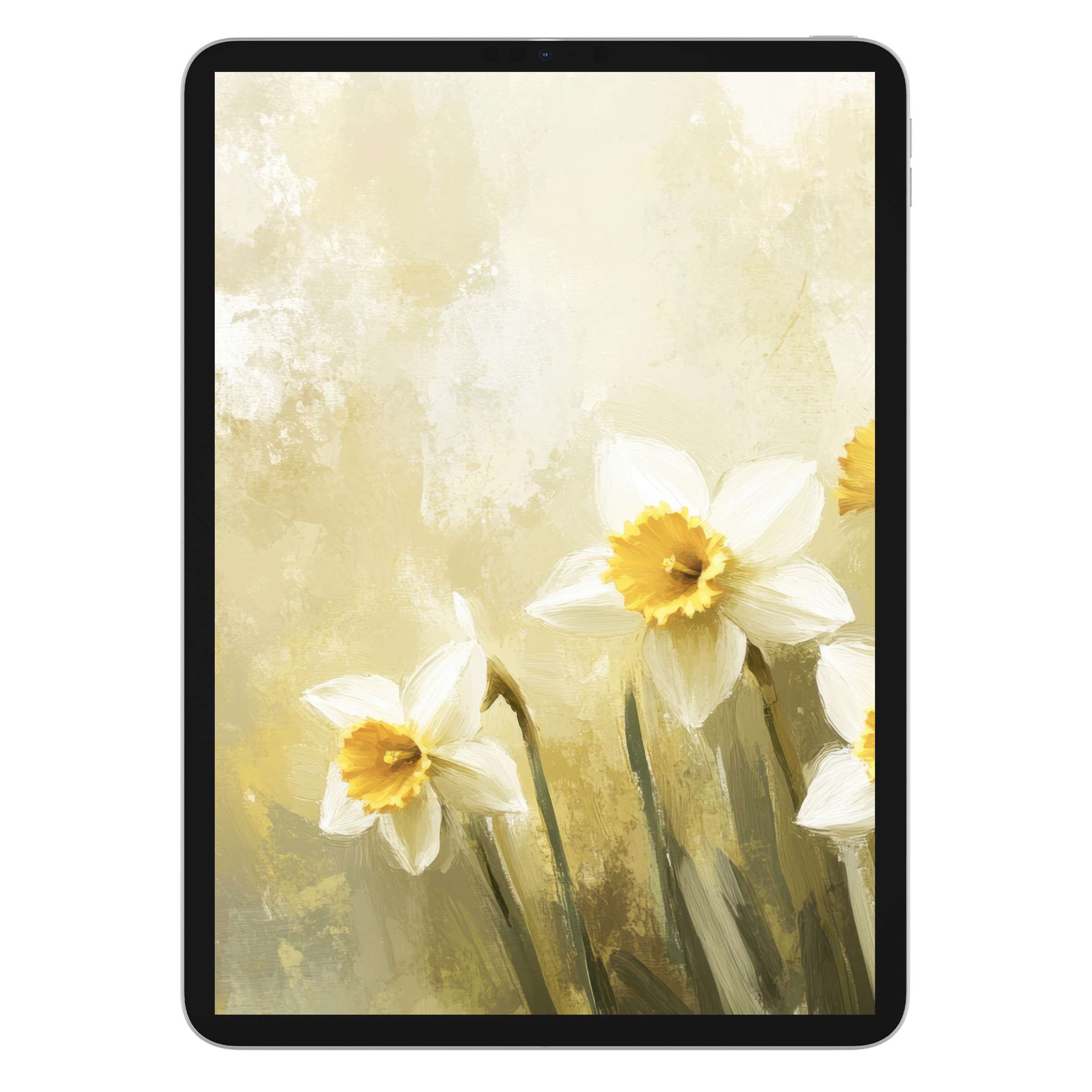 Elegant spring iPad wallpaper featuring watercolor daffodils in soothing yellows ideal for digital download on tablet background