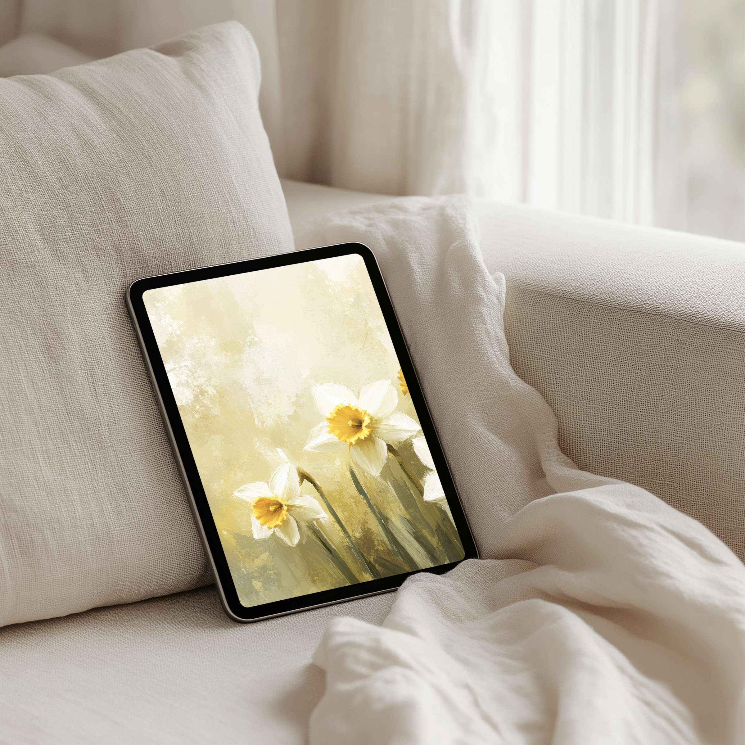 Calming daffodil iPad background for instant download brings elegance and mindfulness to your tablet enhancing serene spaces