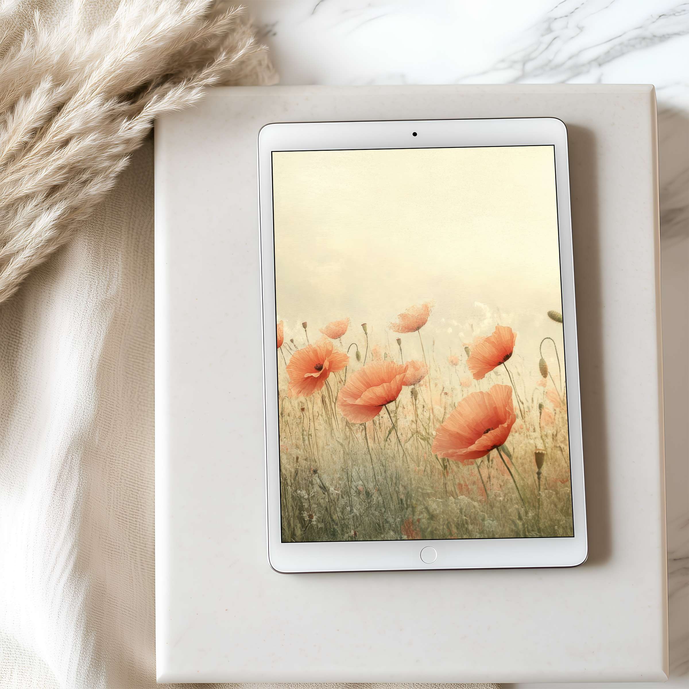 Poppy field tablet wallpaper in soft pastels evokes serenity, perfect for high-resolution digital download on iPad and Android tablets
