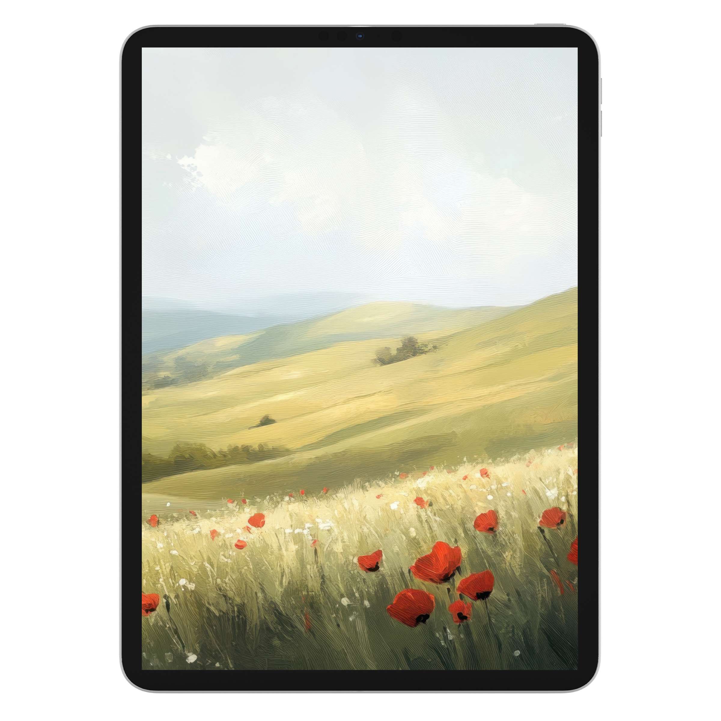 Spring iPad wallpaper with serene rolling hills and vibrant poppies offers a calming digital download for tablet backgrounds