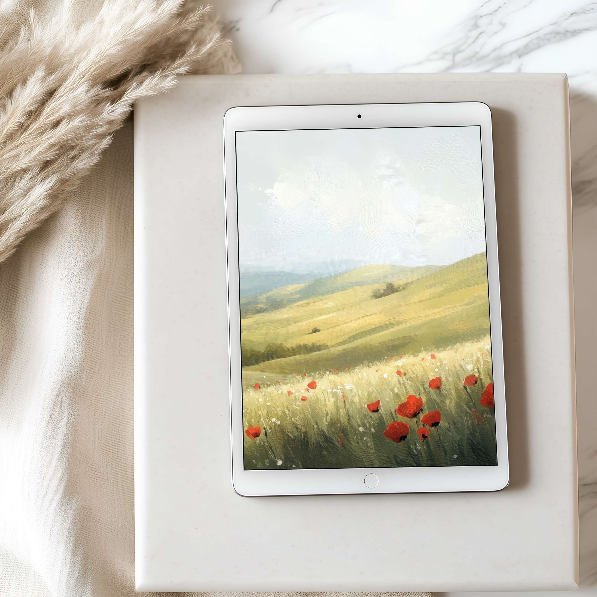 Elegant tablet wallpaper featuring serene fields of poppies under a soft sky, perfect for iPad in high resolution, digital download