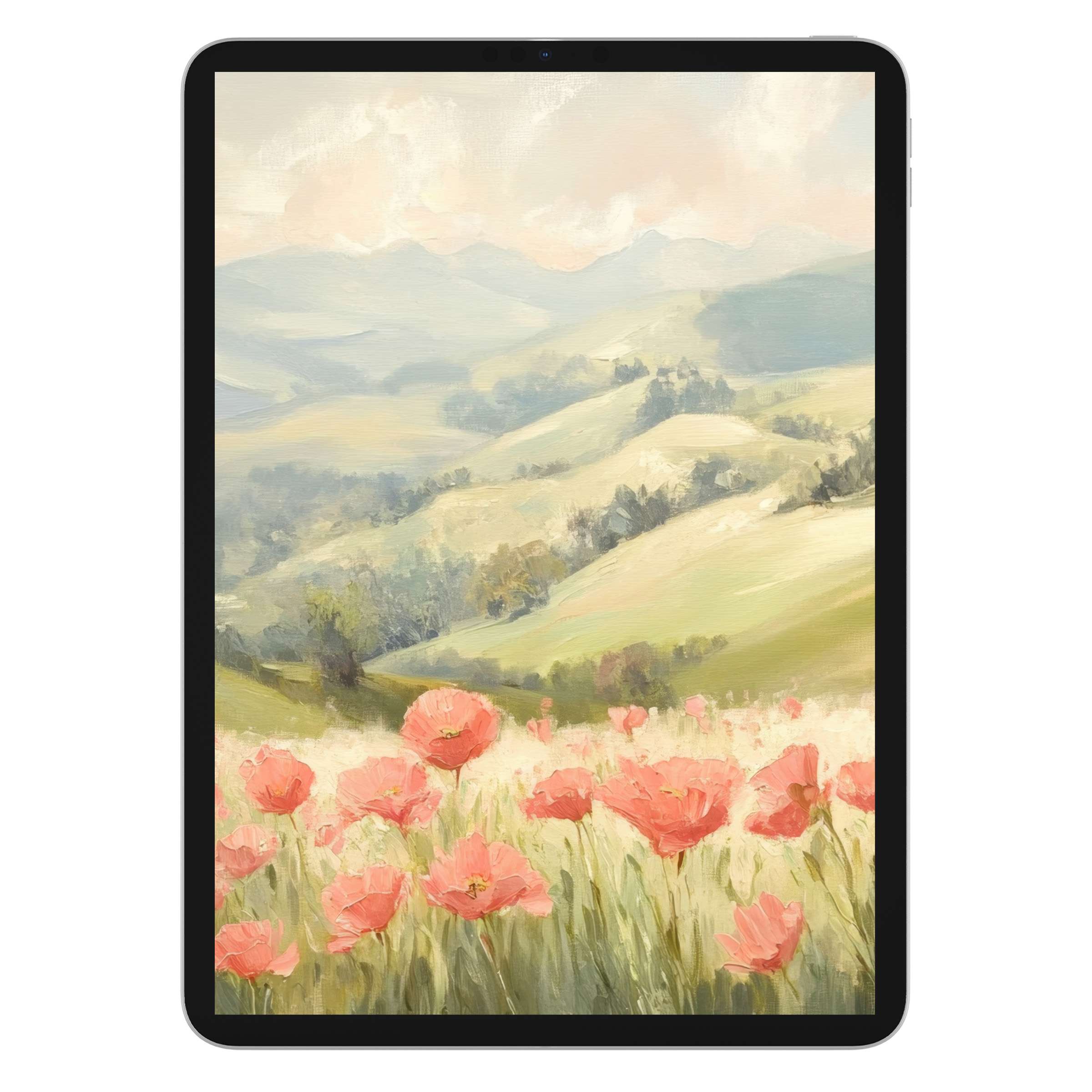 Spring iPad wallpaper featuring elegant floral hills in soft pastels creating a serene digital download for tablet backgrounds