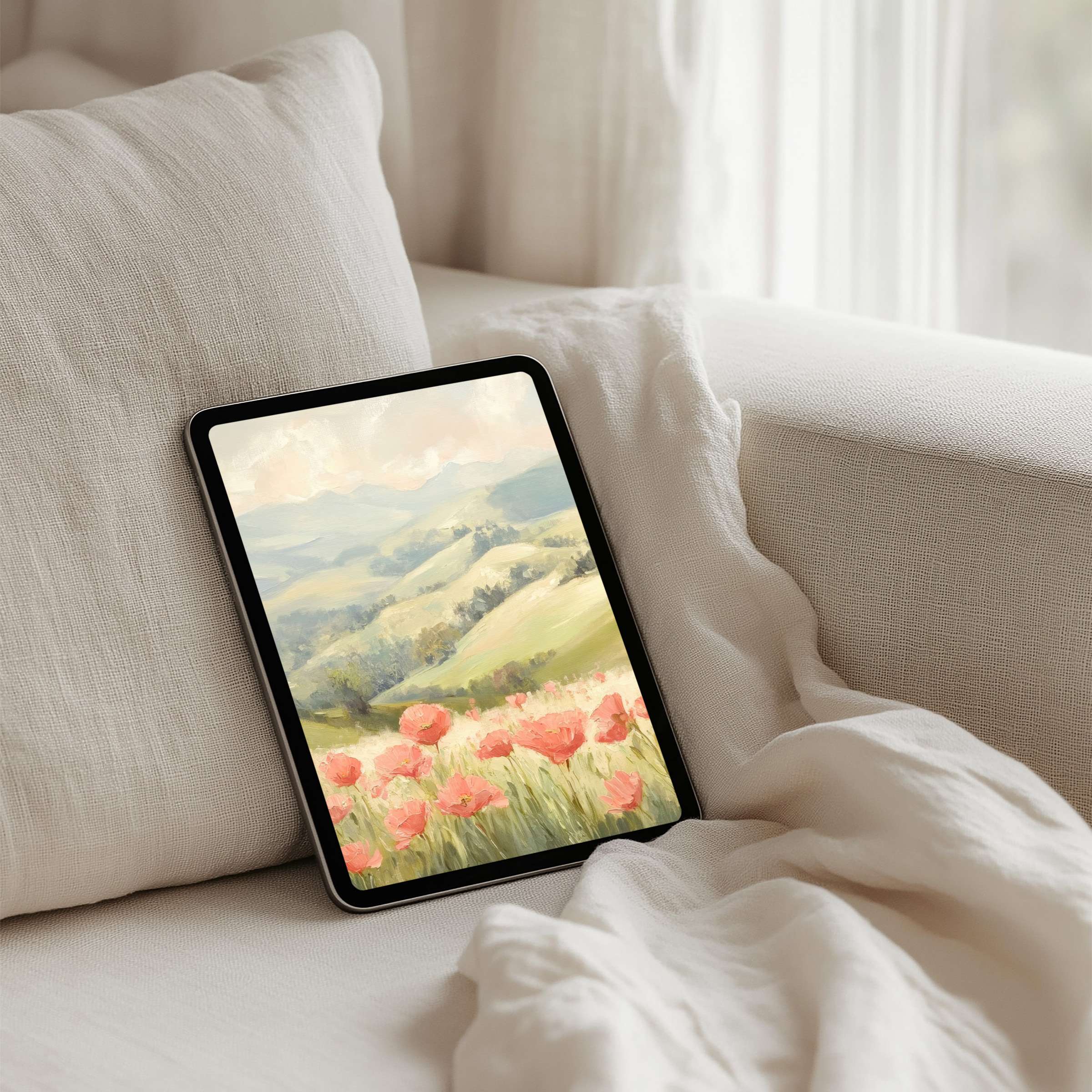 Elegant iPad background featuring serene hills and poppies in calming tones, perfect for tablet, instant download for mindfulness