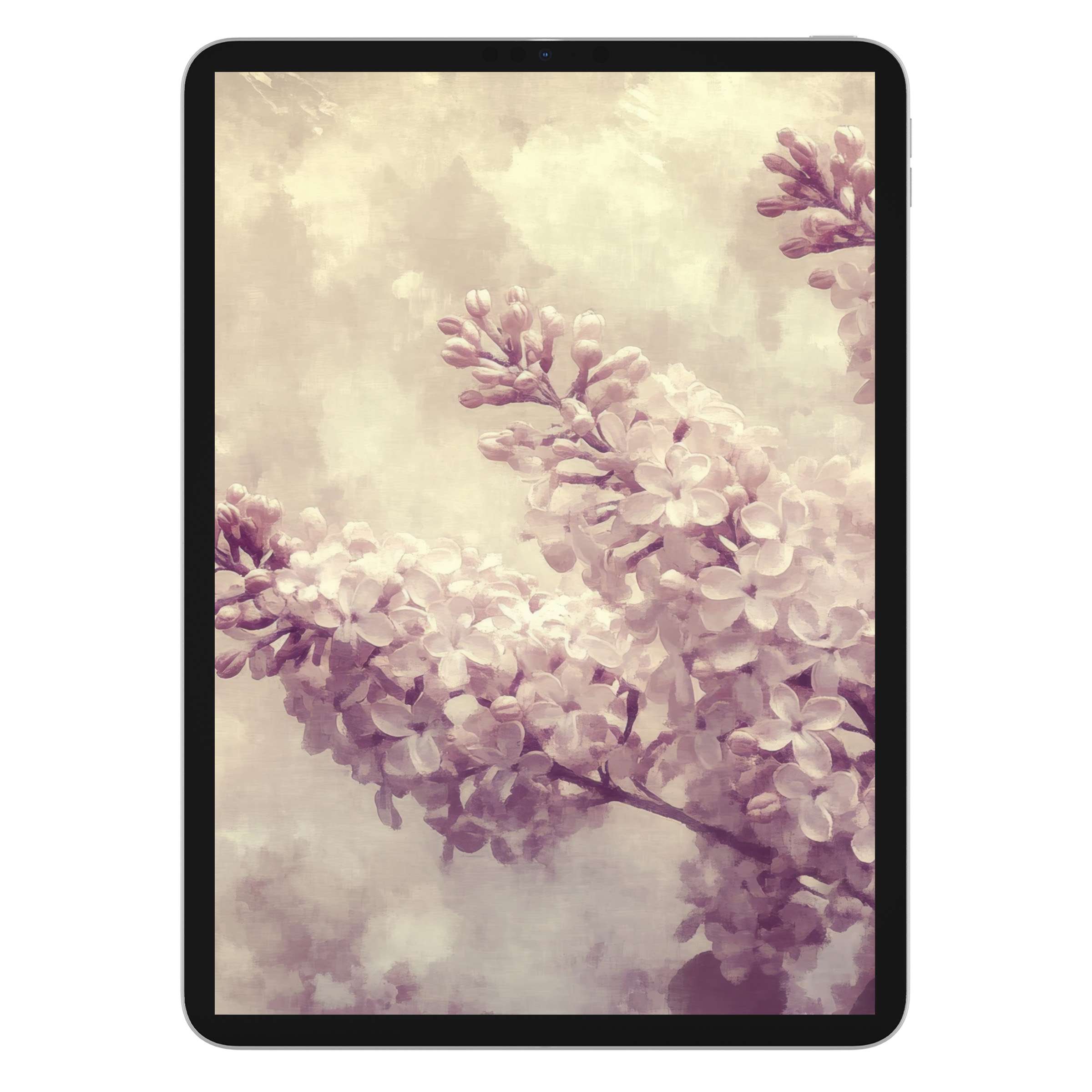 Elegant spring iPad wallpaper with soft lilac blooms, perfect as a calming, artistic tablet background digital download