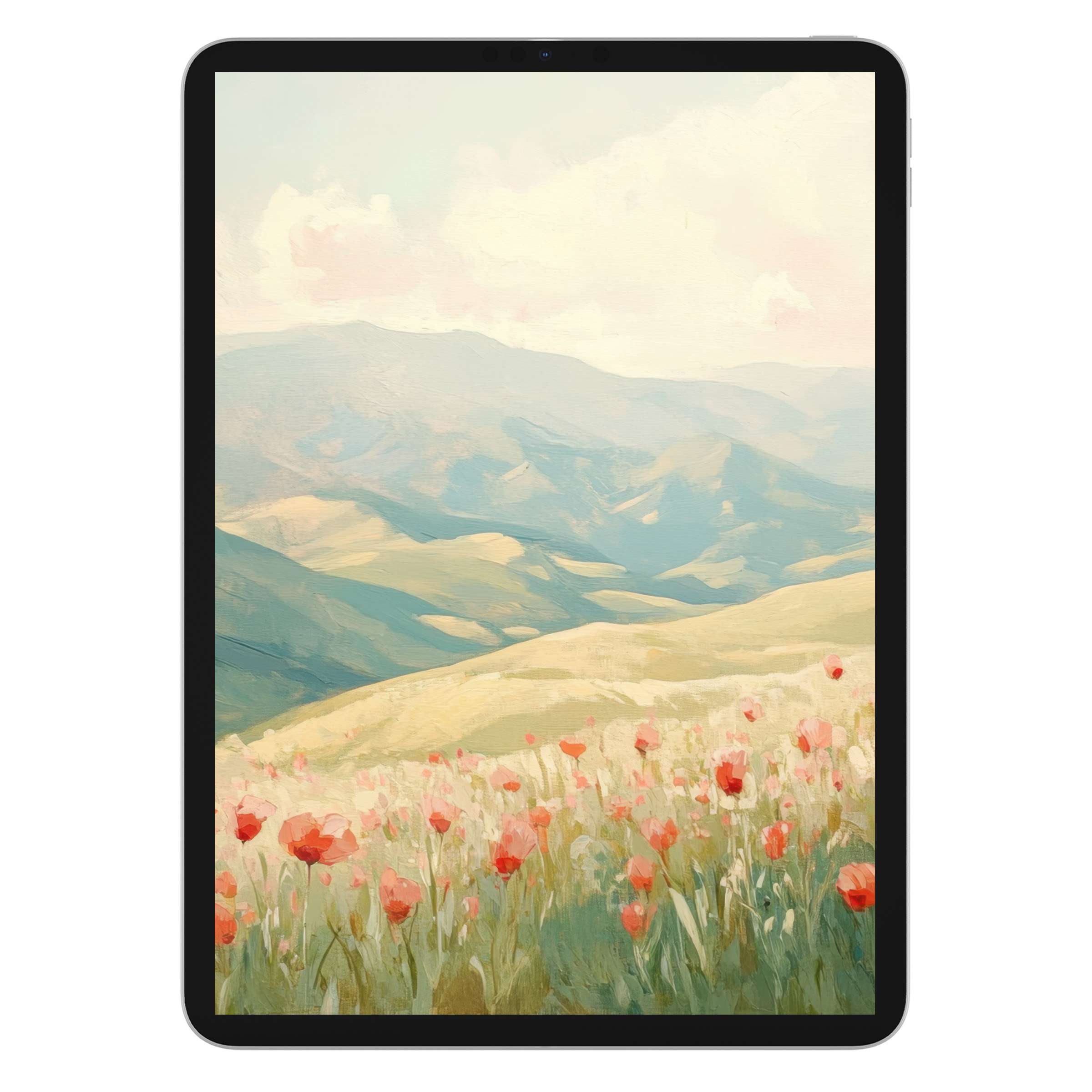 Elegant spring iPad wallpaper featuring serene poppy fields and rolling hills painting, perfect digital download for tablet background use