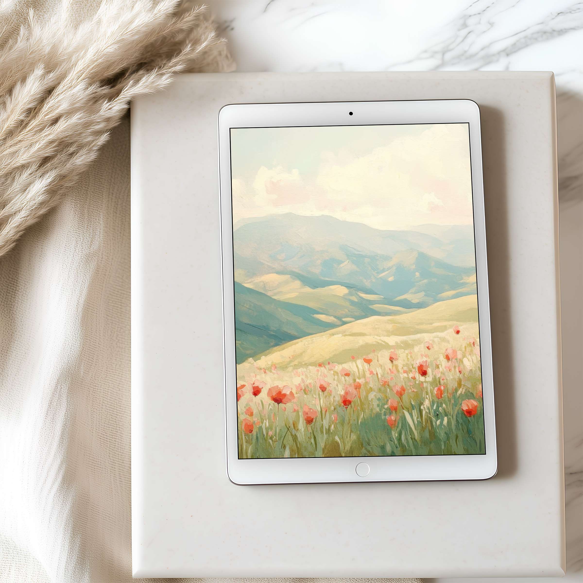 Elegant tablet wallpaper showcasing serene landscapes with soft pastels and poppy fields; perfect digital download for iPad users seeking sustainable charm