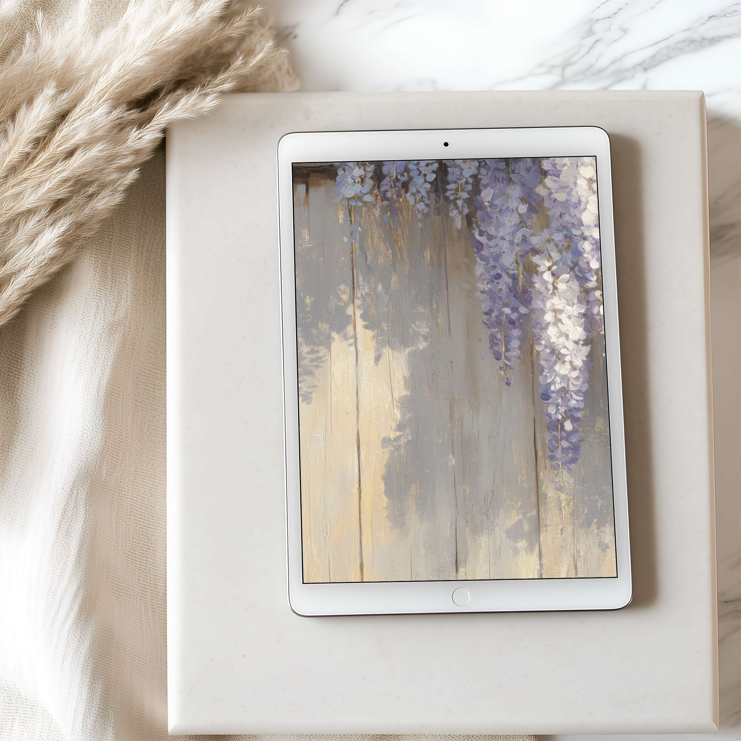 Elegant tablet wallpaper featuring serene lavender blooms on rustic wood backdrop, perfect for iPad, high resolution, digital download
