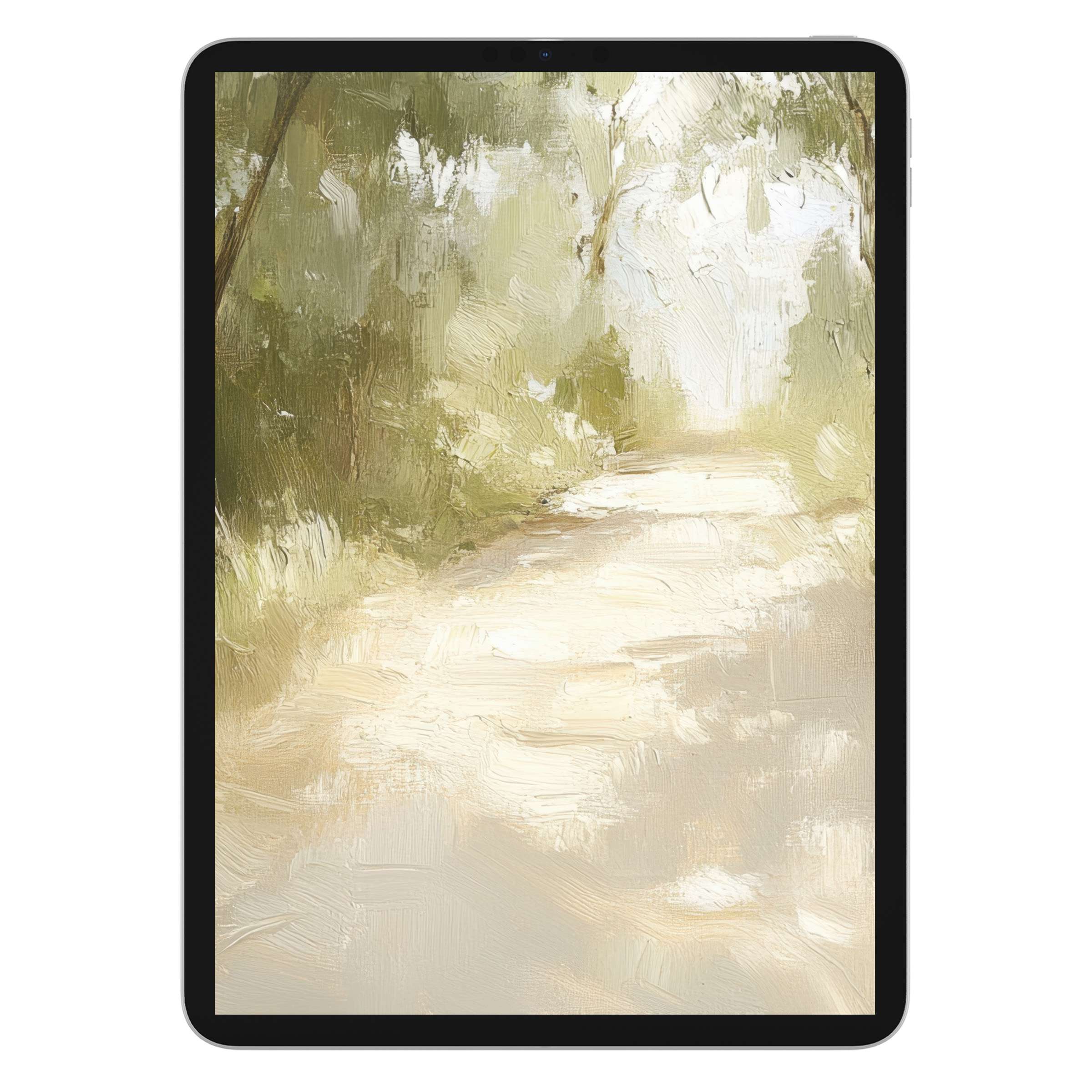 Serene spring iPad wallpaper for tablet background digital download featuring textured brushstrokes and calming pastel hues in a nature scene