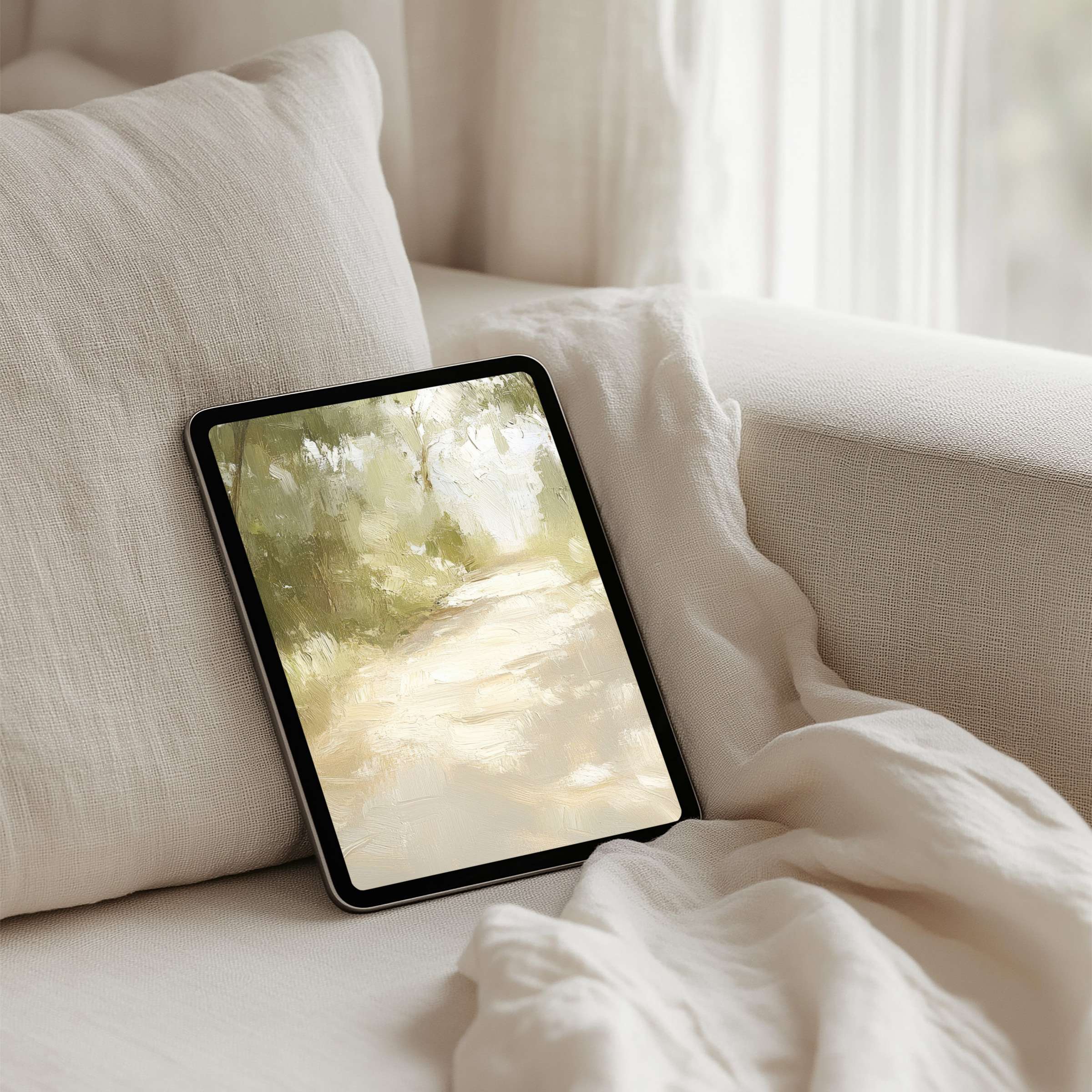 Serene iPad background with abstract nature art offering instant download for tablet users seeking elegance and mindfulness