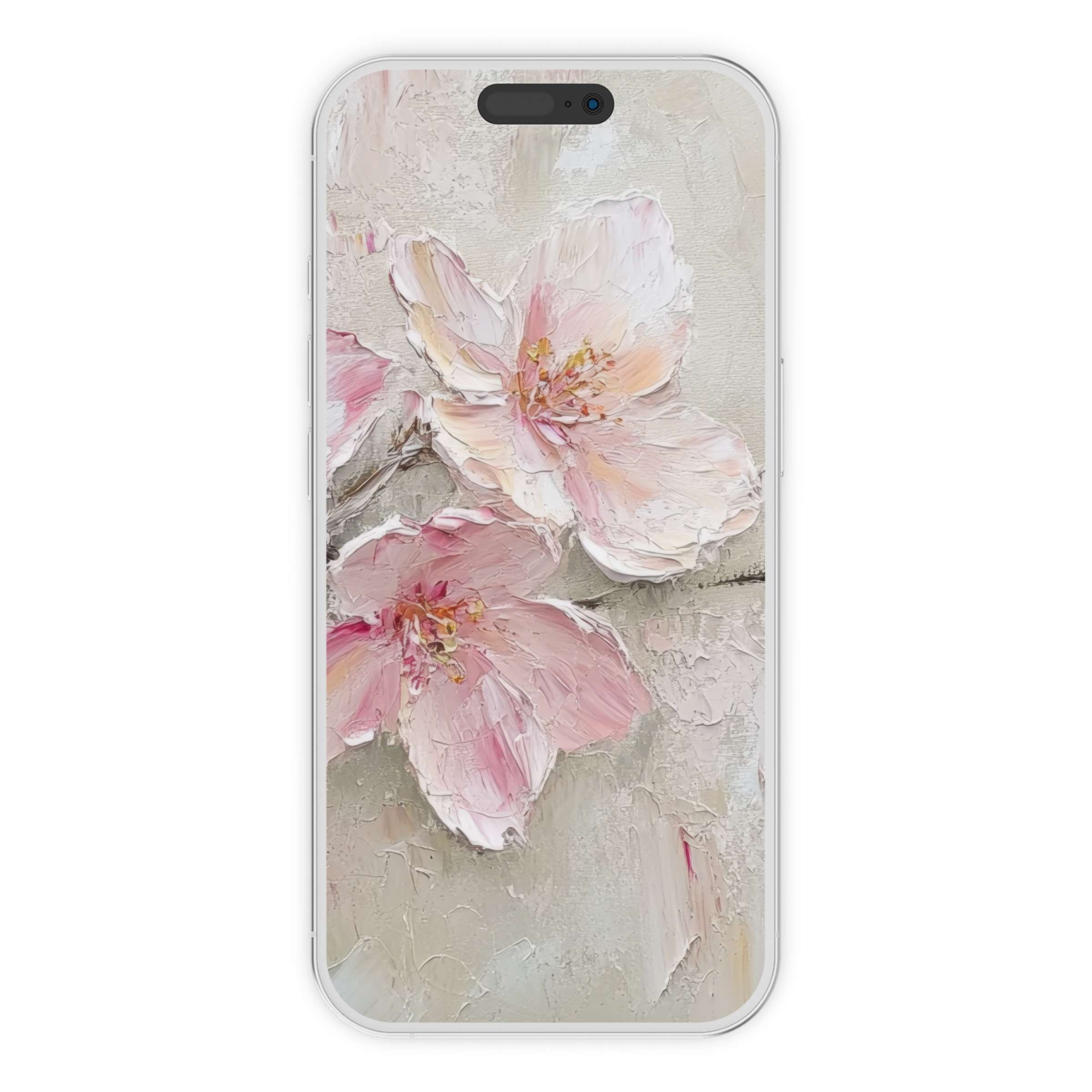 Delicate brushstrokes form pink blossoms in this elegant spring iPhone wallpaper digital download, perfect phone background for tranquility