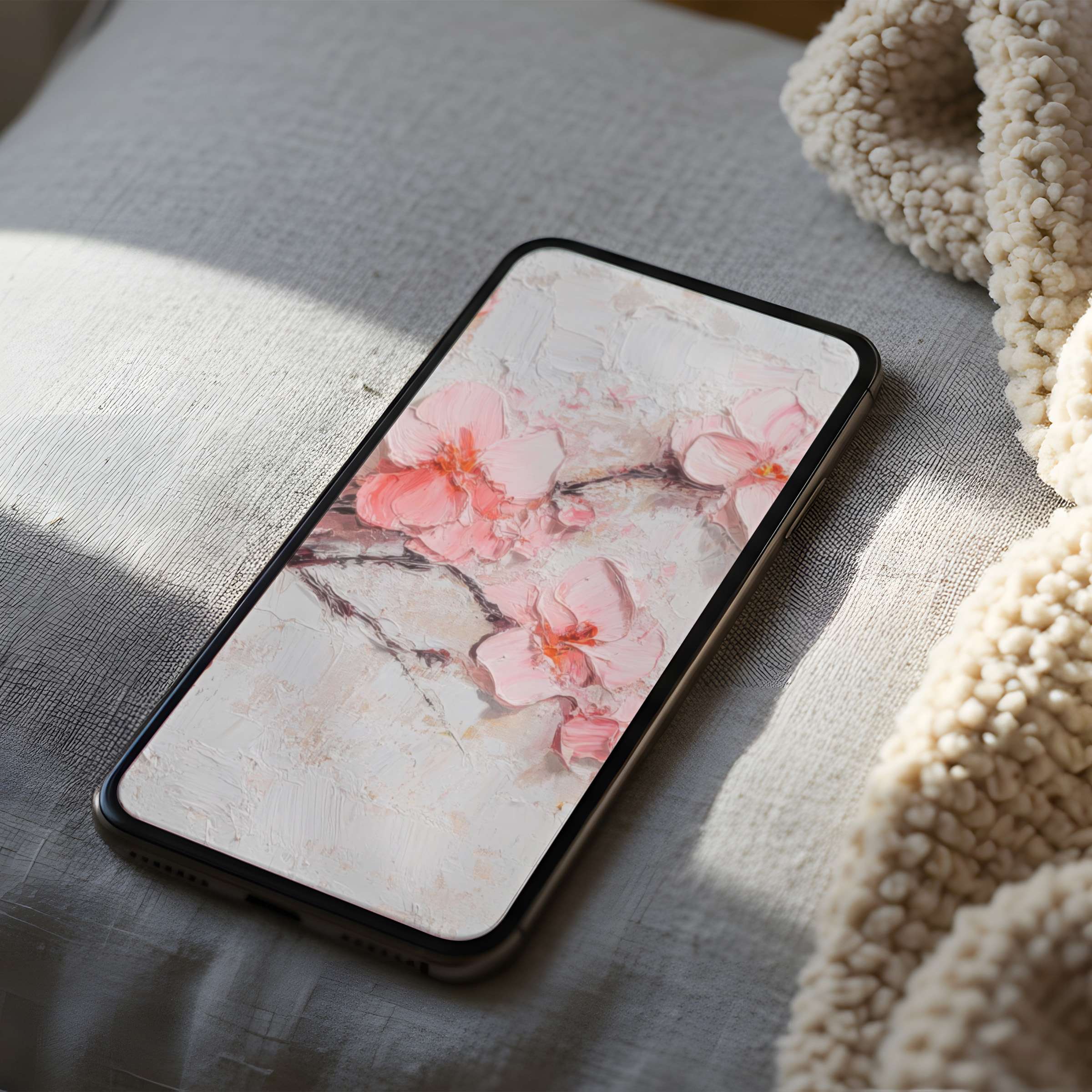 Elegant floral phone wallpaper featuring soft pink blossoms on textured background offers a serene, high resolution for iPhone and android download