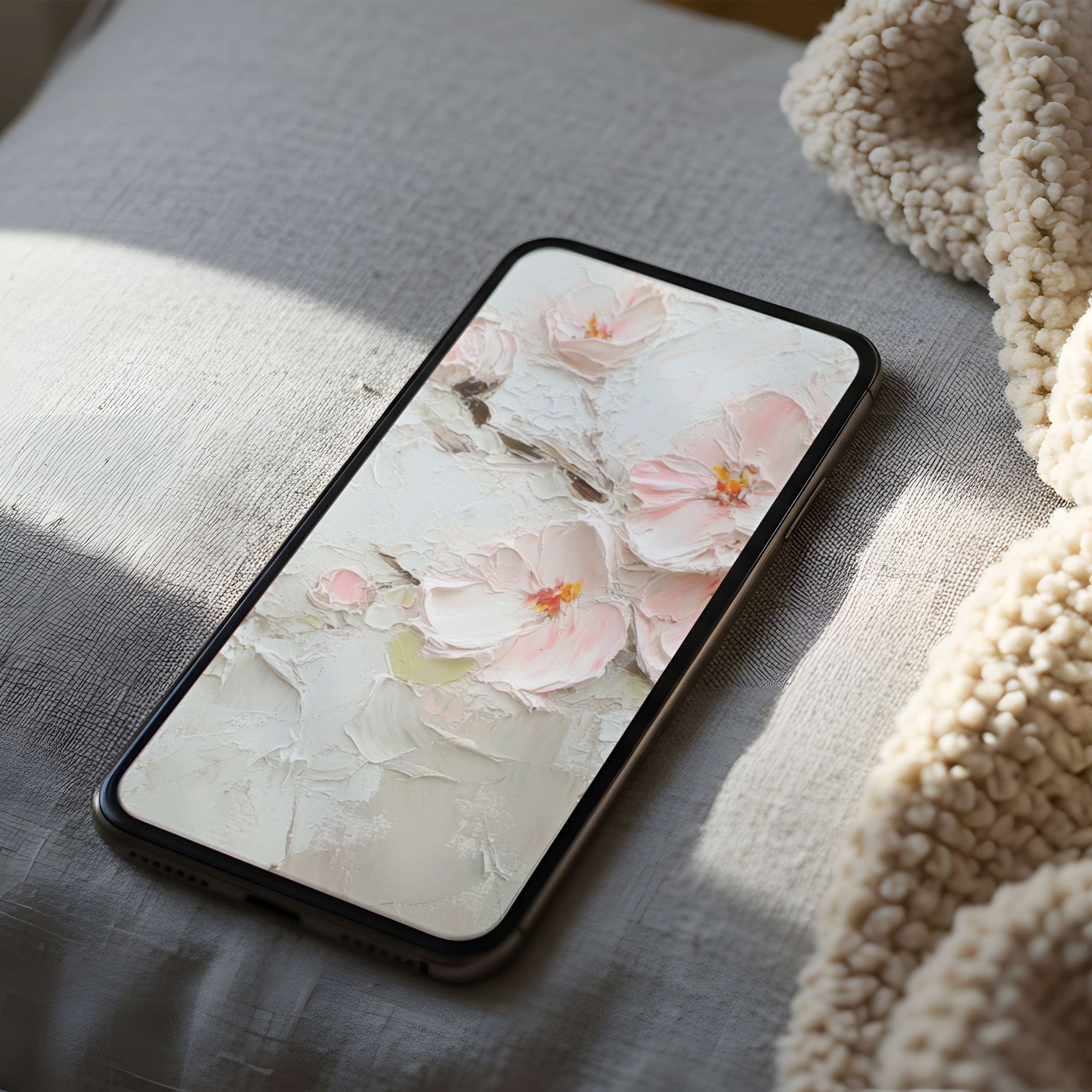 Elegant phone wallpaper featuring serene pink florals in high resolution on a cozy textile setting suitable for iPhone download