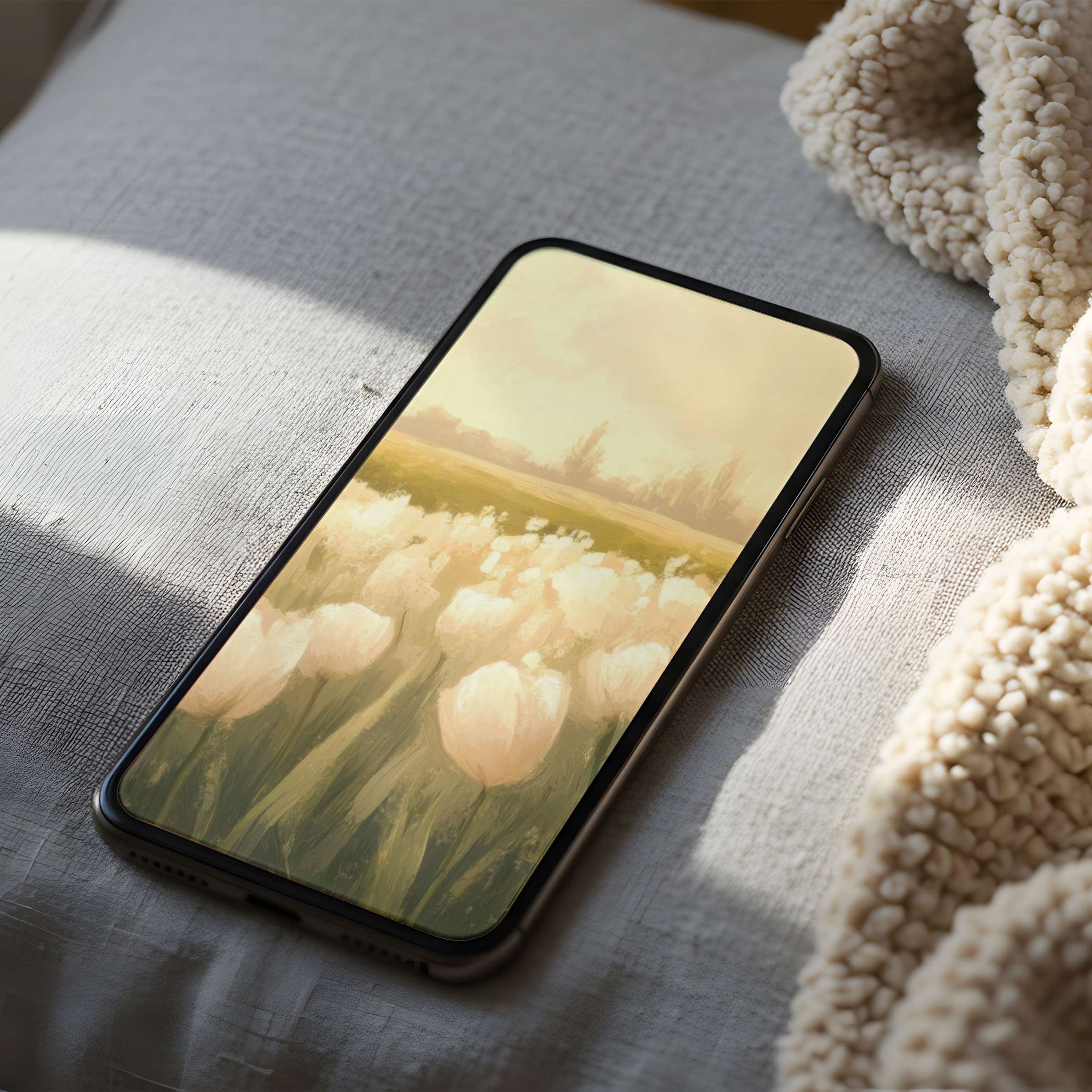 Elegant phone wallpaper featuring a serene field of white tulips in soft hues, perfect for iPhone or Android digital download