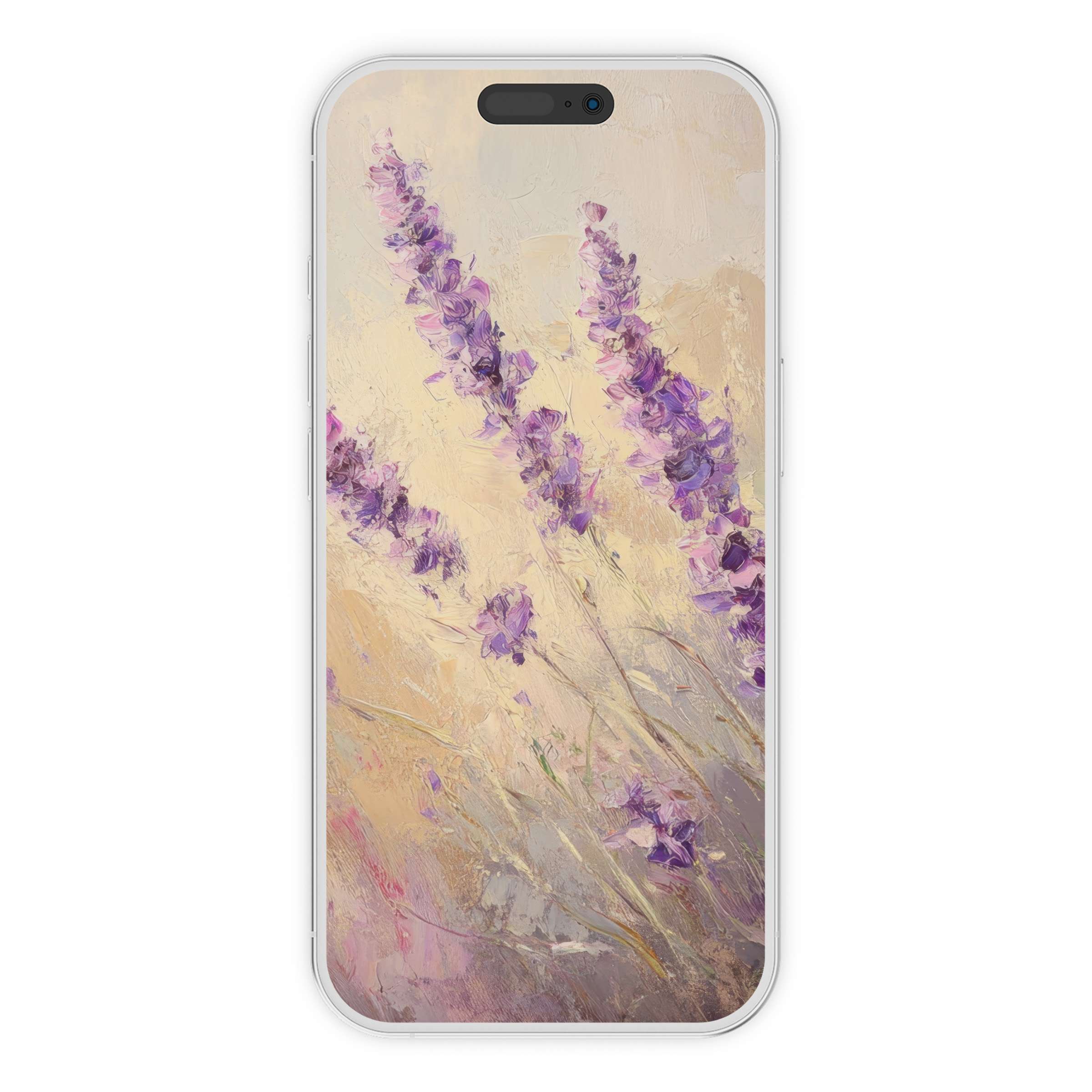 Elegant spring iPhone wallpaper with pastel lavender blossoms creating a calming phone background digital download for serene screens