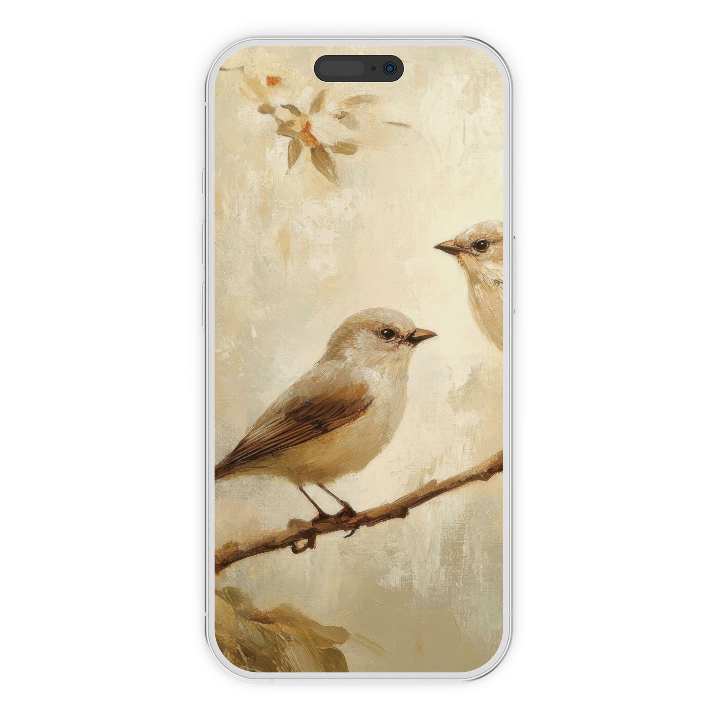 Serene spring iPhone wallpaper featuring elegant birds on a branch, perfect phone background for digital download, calm and artistic