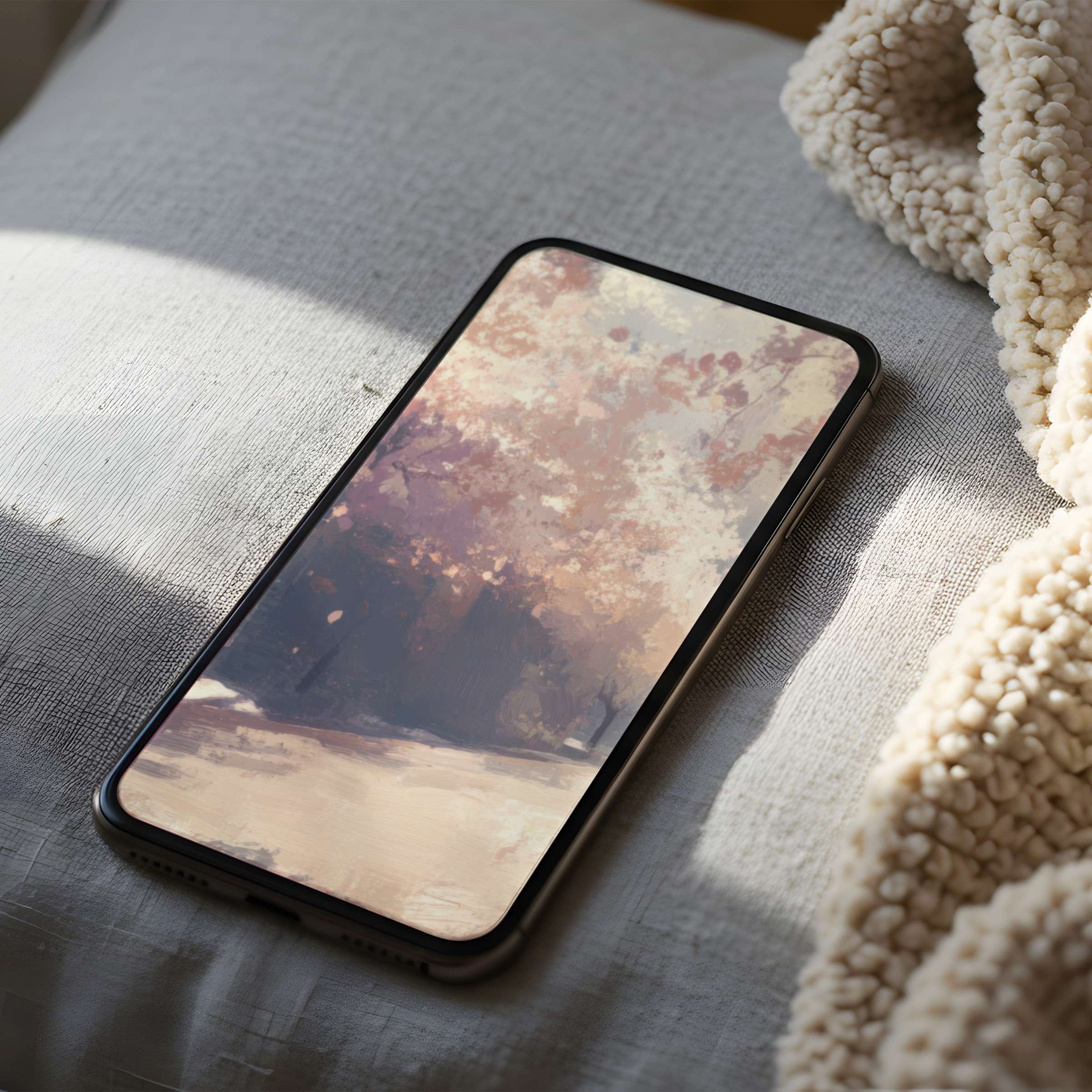 Delicate autumn tones create a serene phone wallpaper for iPhone, enhancing home interiors with calming, high-resolution art