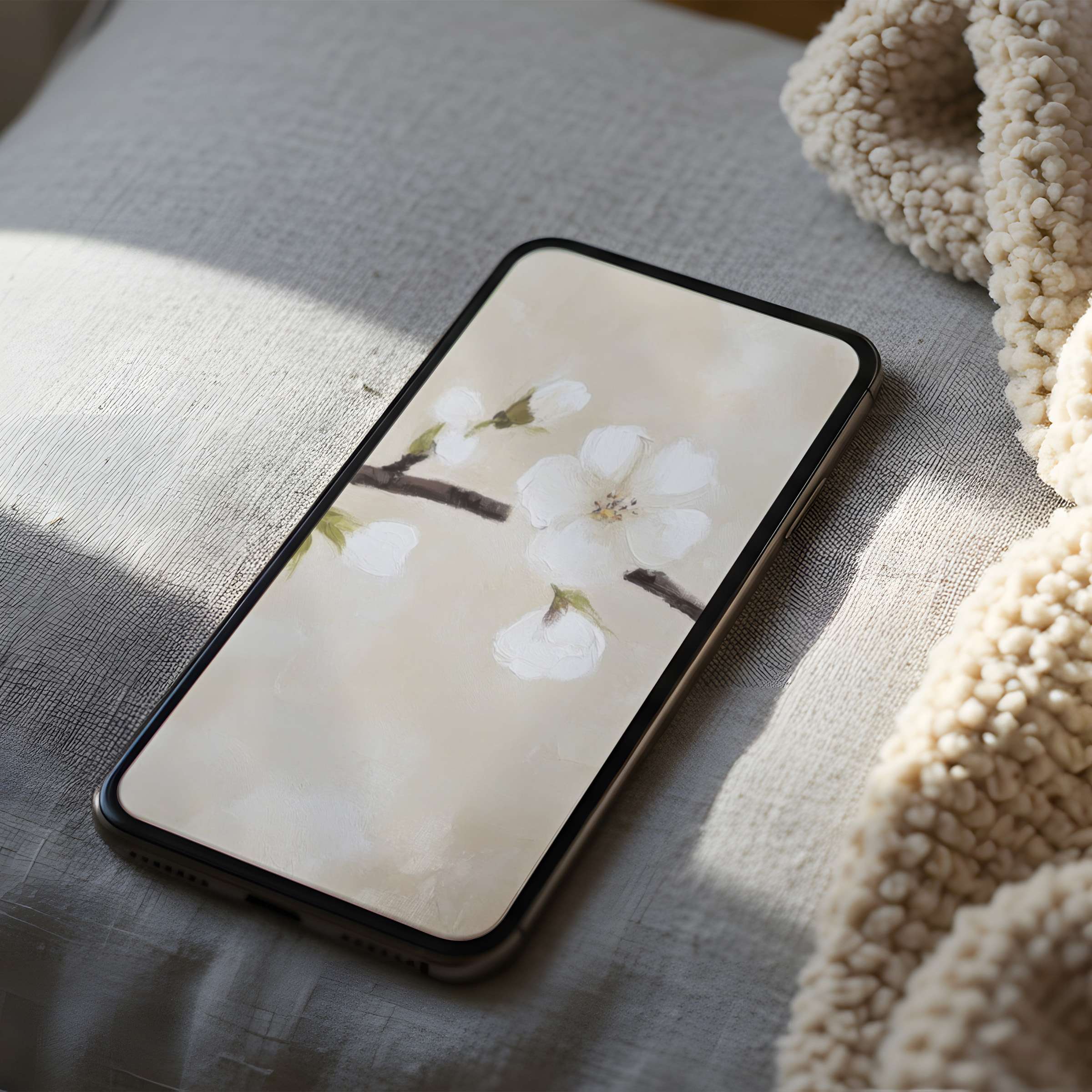 Elegant phone wallpaper featuring delicate white blossoms on soft beige, perfect for iPhone and android phones digital download