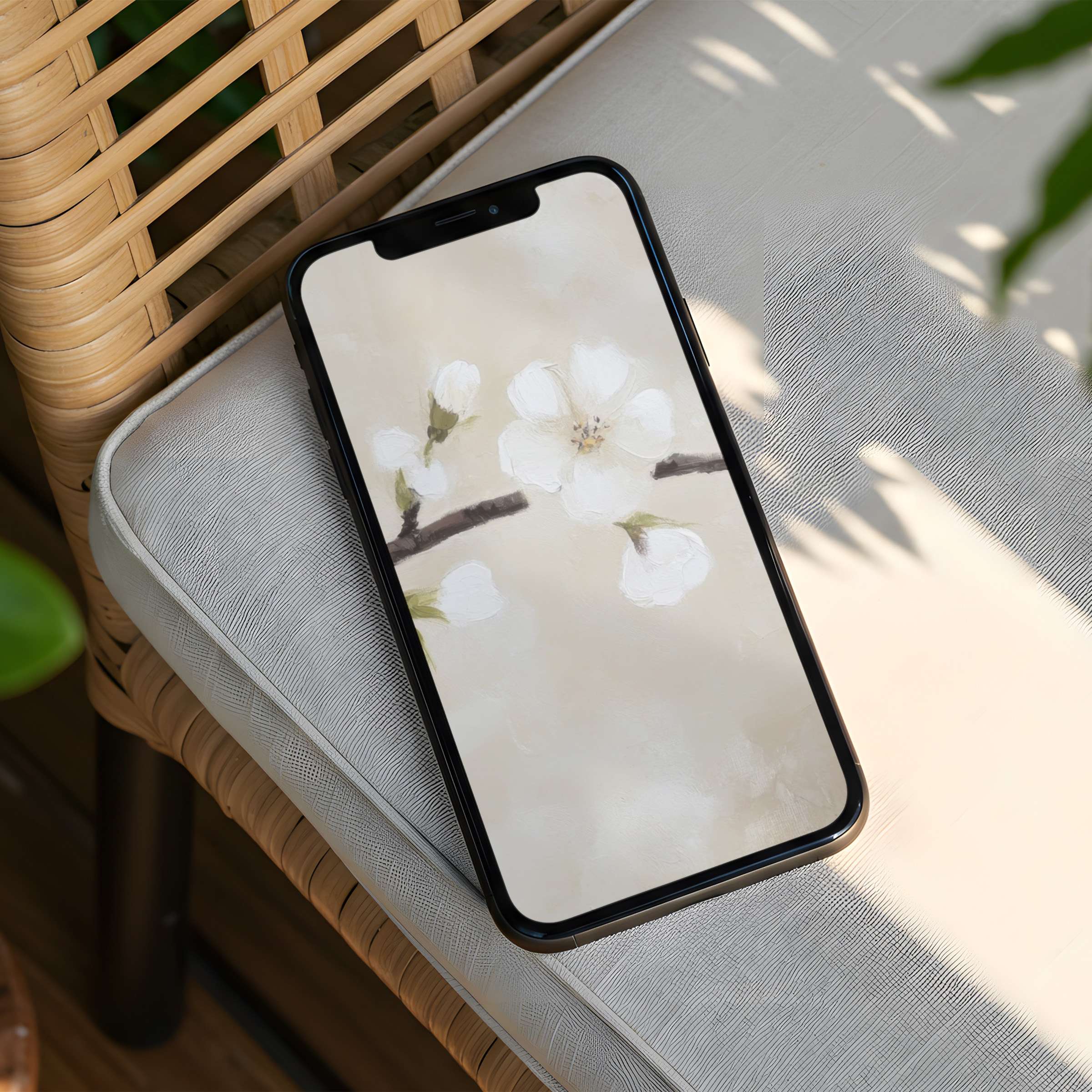 Elegant floral iPhone background with serene white blossoms offers instant download for phone users seeking calm and mindfulness