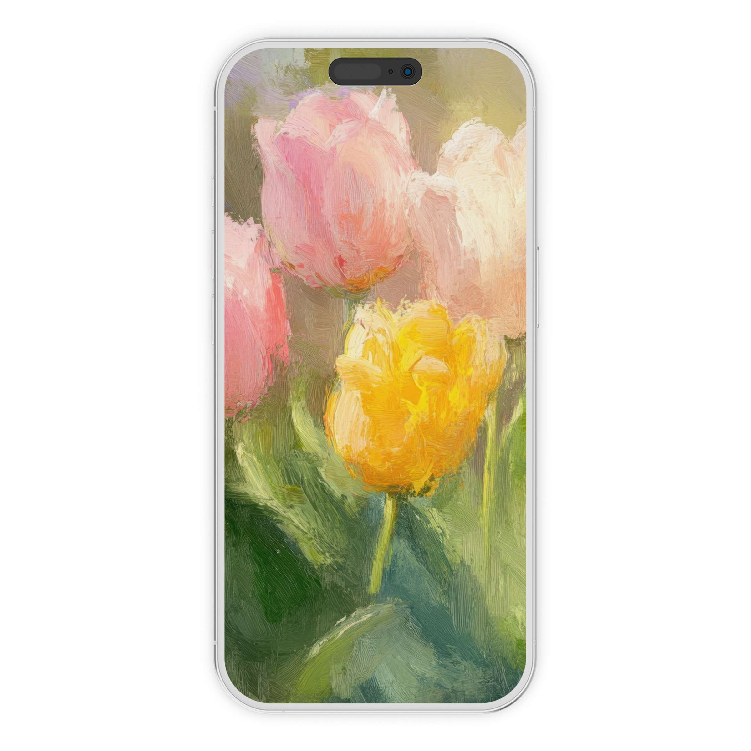 Elegant spring iPhone wallpaper features a digital download of vibrant tulip brushstrokes, perfect as a calming phone background