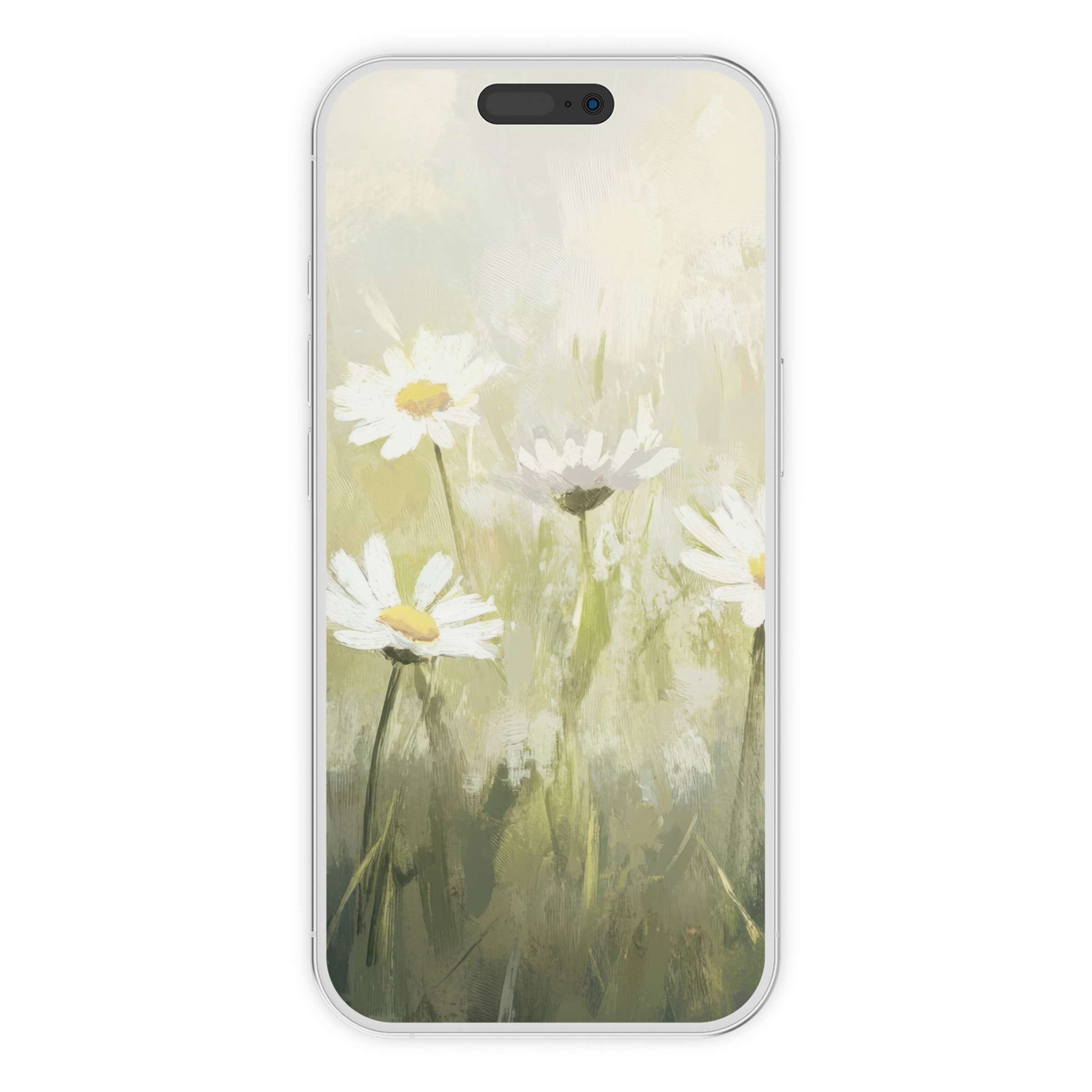 Spring iPhone wallpaper featuring elegant daisies on a soothing pastel background, digital download ideal for phone decor and refreshment