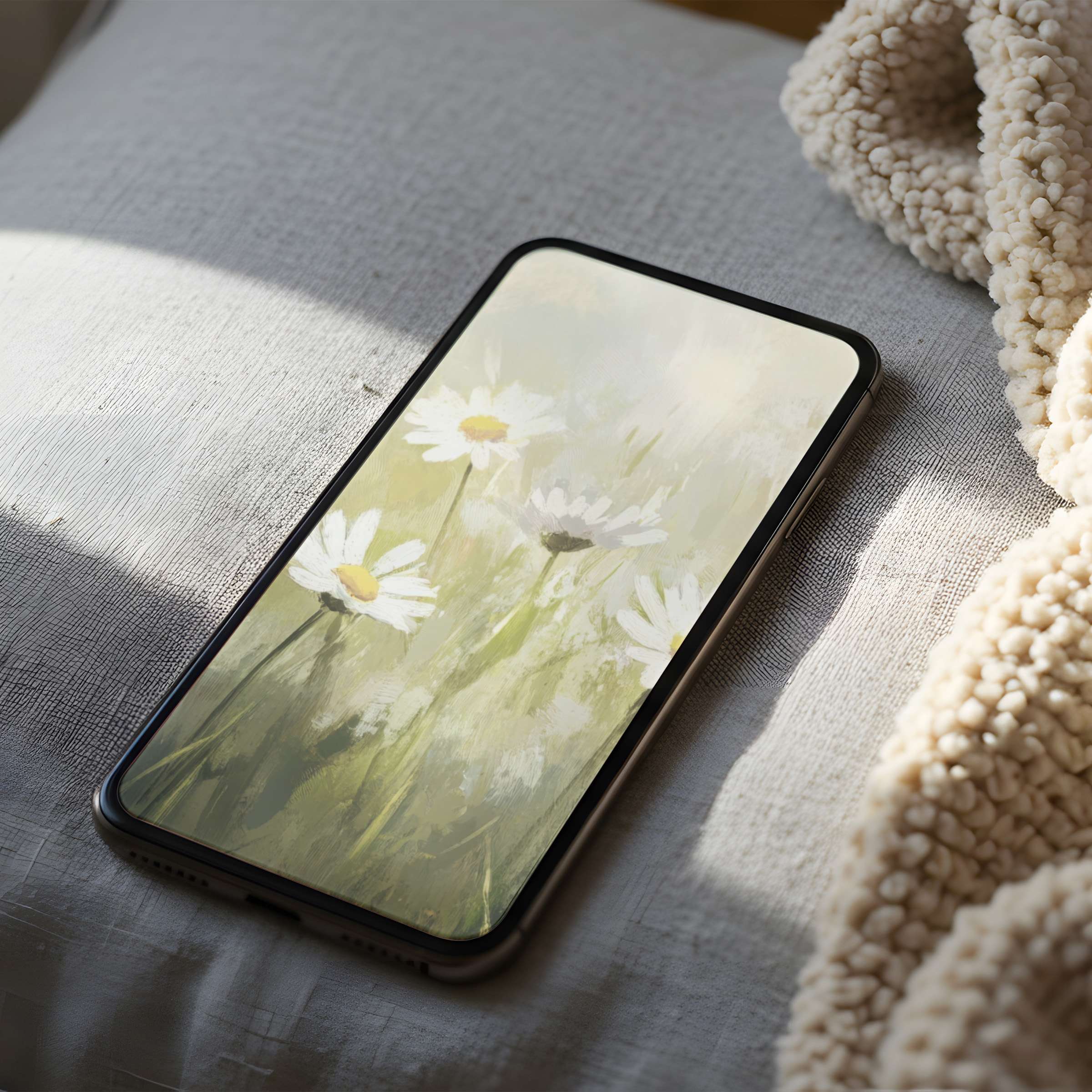 Elegant phone wallpaper featuring serene daisies in soft pastels on a cozy bed setting perfect for high-resolution iPhone or Android use
