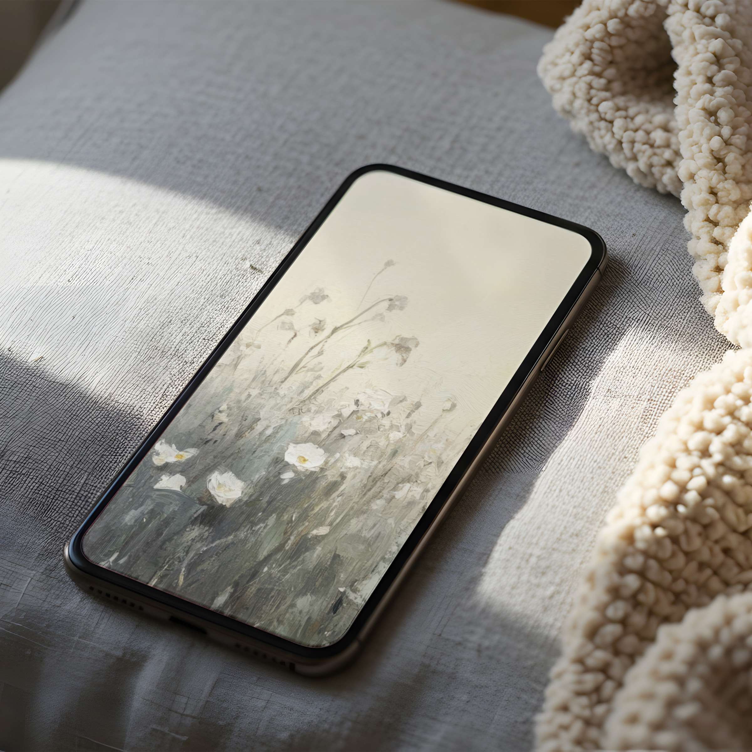 Delicate floral phone wallpaper in soft neutrals, perfect for iPhone or android, offers serene elegance as a high resolution digital download