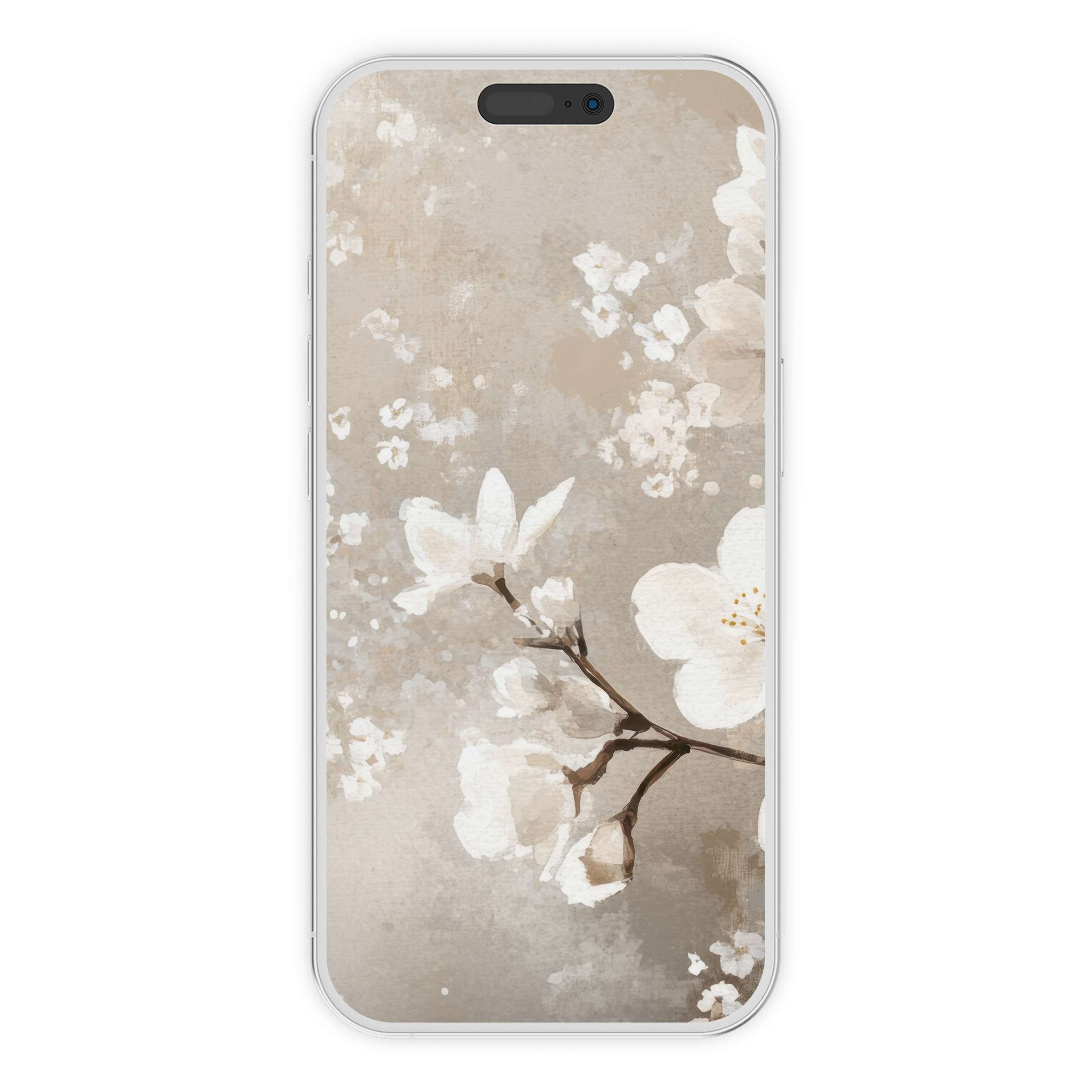 Delicate blossoms in neutral tones create an elegant spring iPhone wallpaper, offering a calming digital download for phone backgrounds