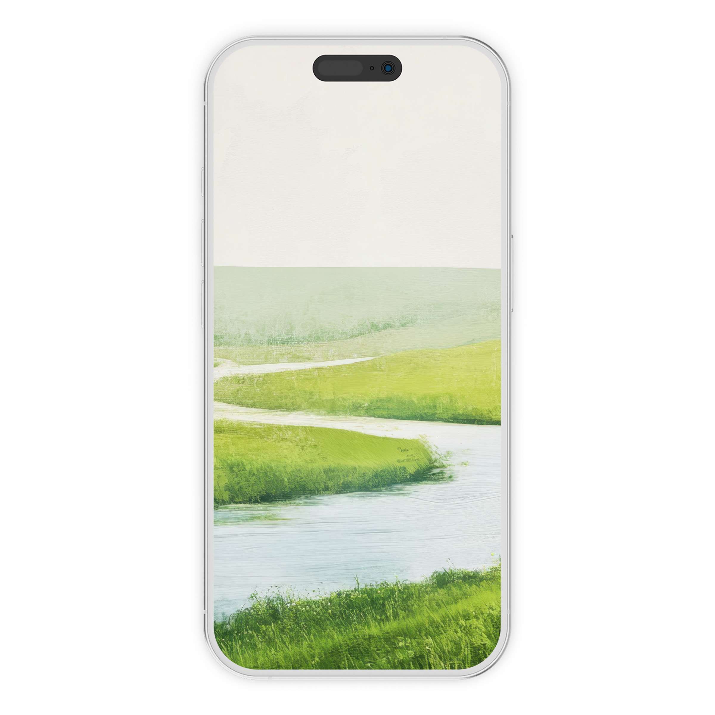 Calming spring iPhone wallpaper featuring a serene green meadow with a winding river, ideal phone background as a digital download