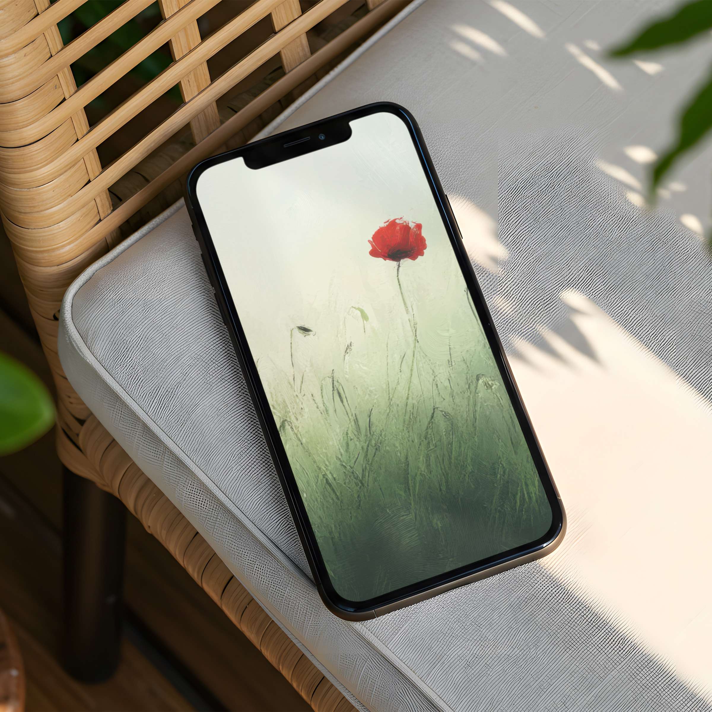 Elegant iPhone background showcasing a serene red poppy in a soft green field perfect for instant download to elevate your phone