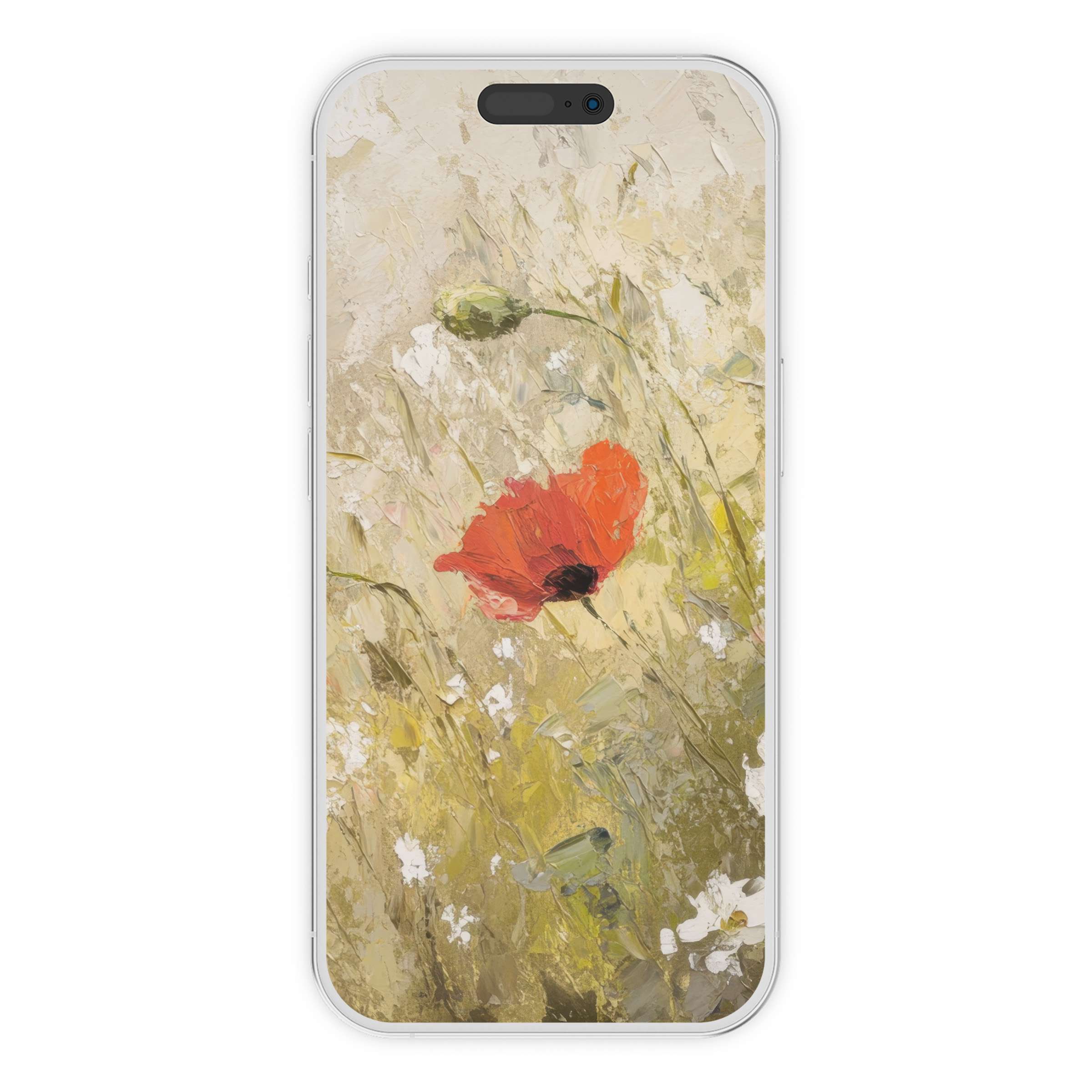 Elegant spring iPhone wallpaper with a serene red poppy in abstract brushstrokes; perfect phone background for digital download