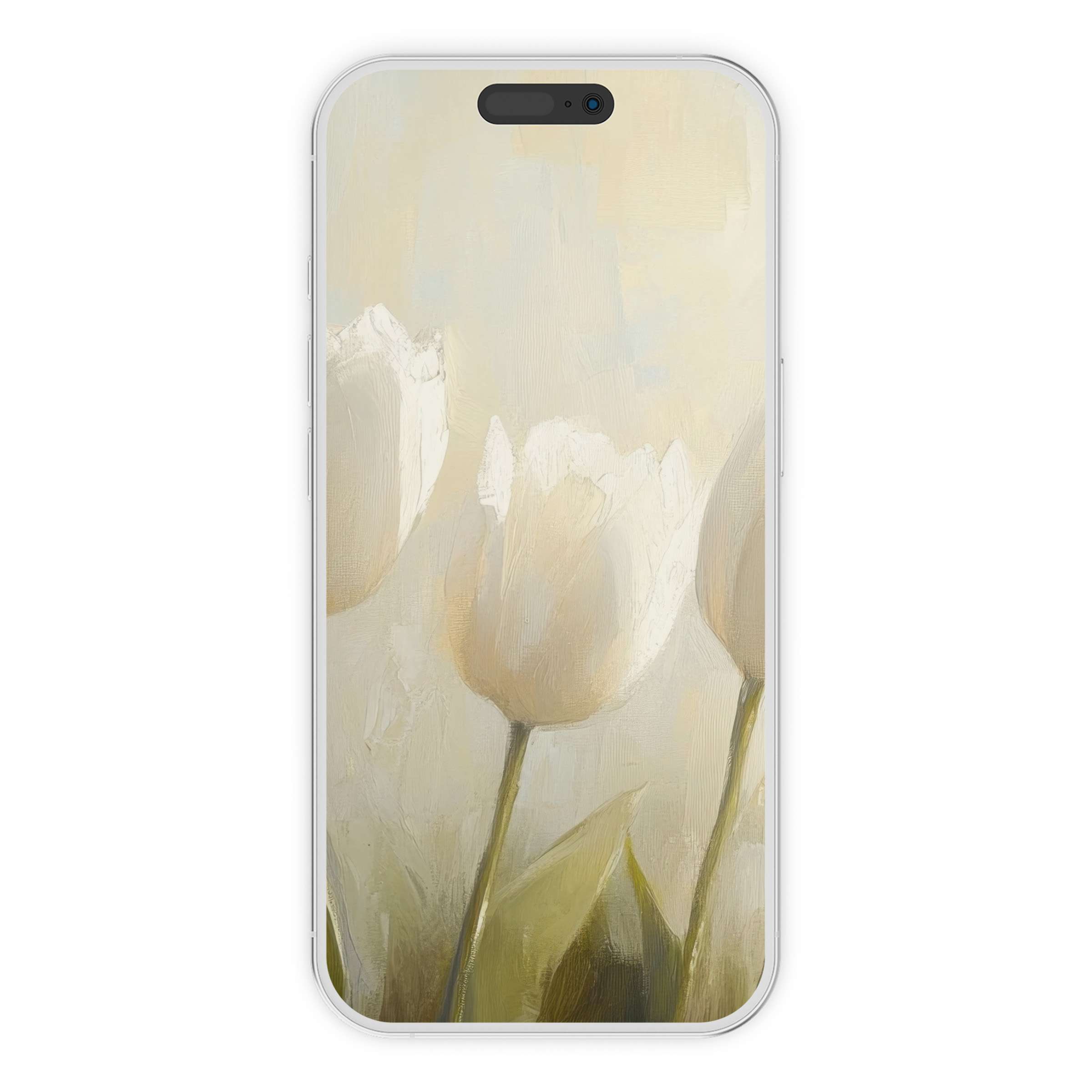 Elegant spring iPhone wallpaper featuring soft white tulips offers a serene phone background perfect for digital download relaxation
