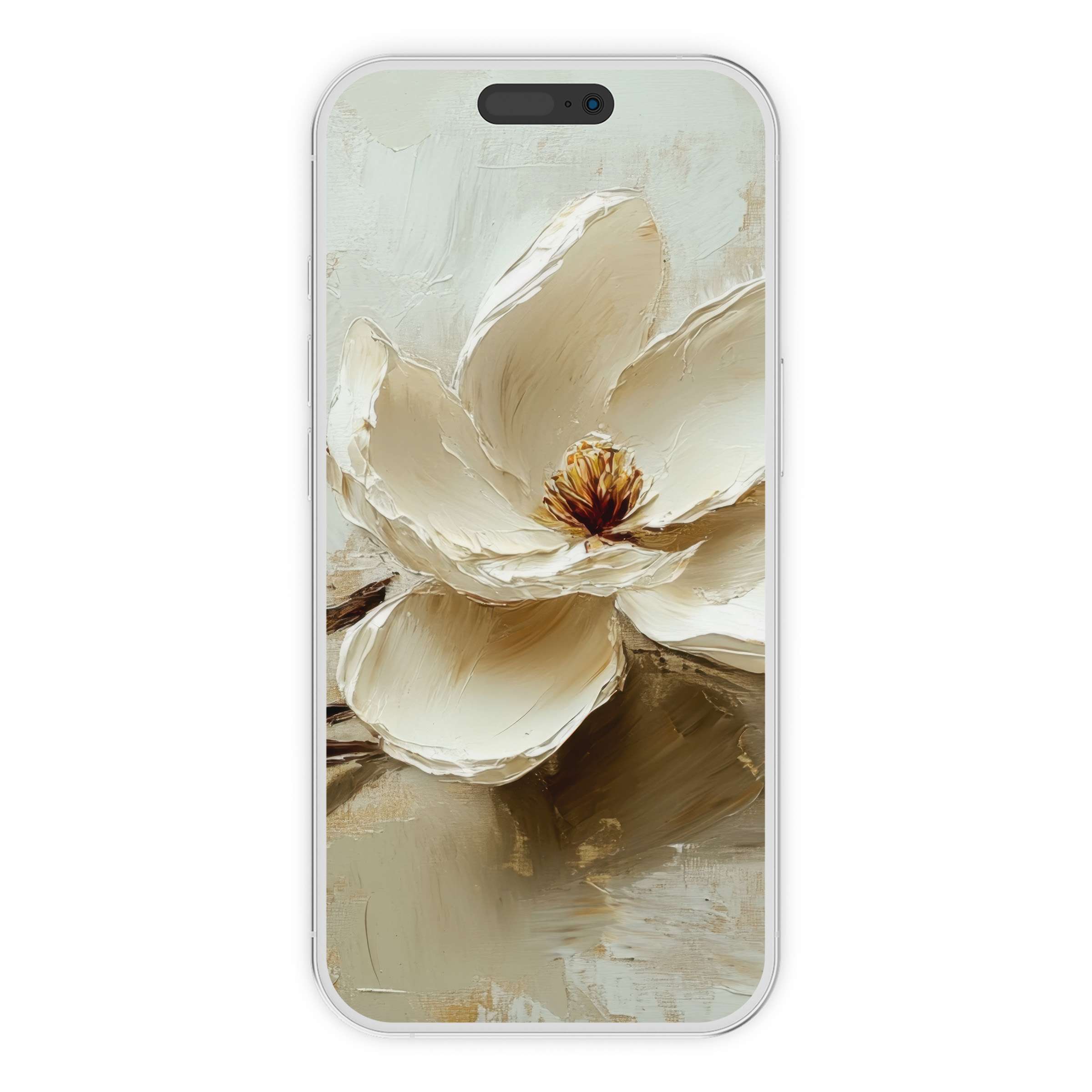 Elegant spring iPhone wallpaper features a textured magnolia painting for a calming phone background digital download suitable for Android