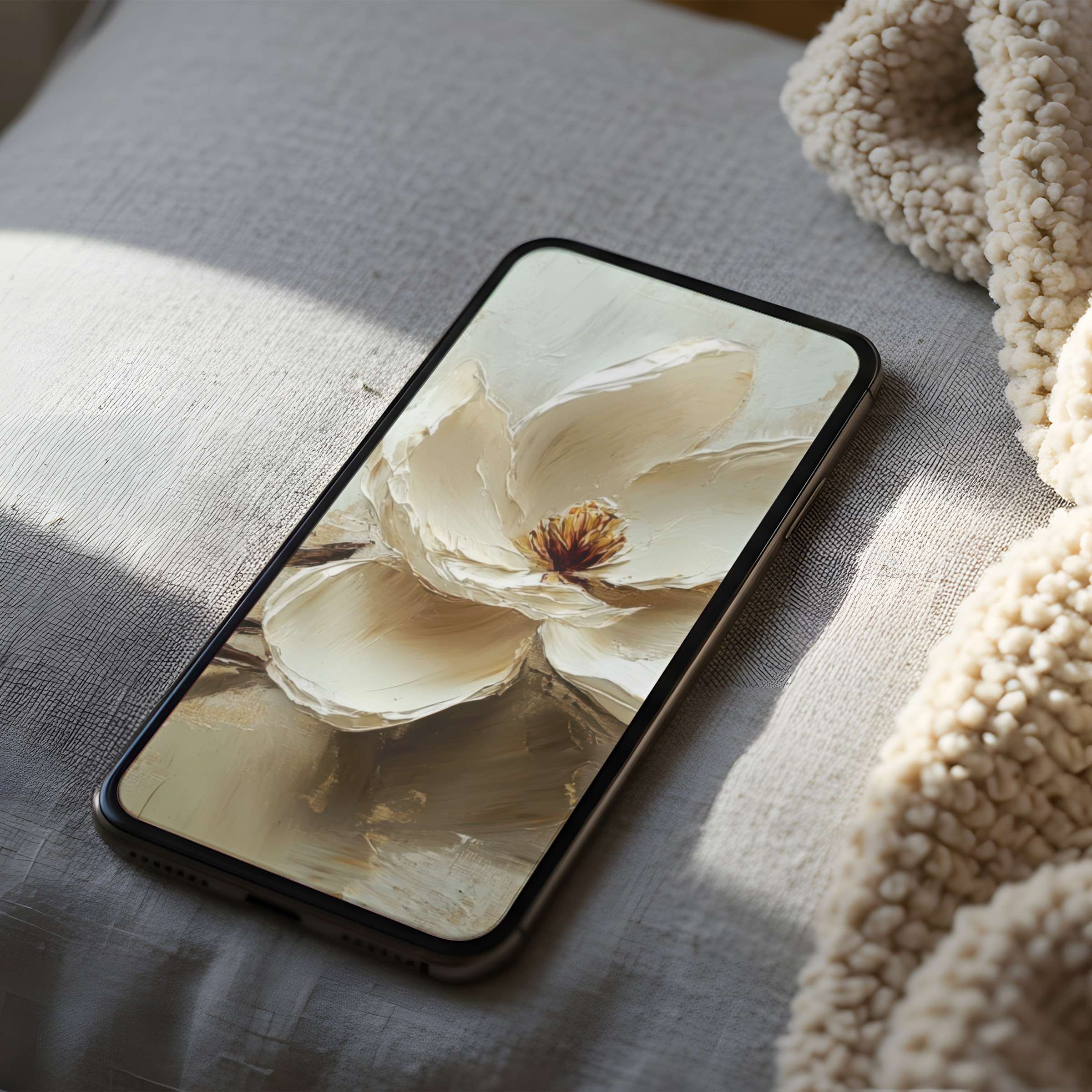 Elegant floral phone wallpaper featuring a serene creamy magnolia, perfect for high resolution iPhone and android screens, digital download