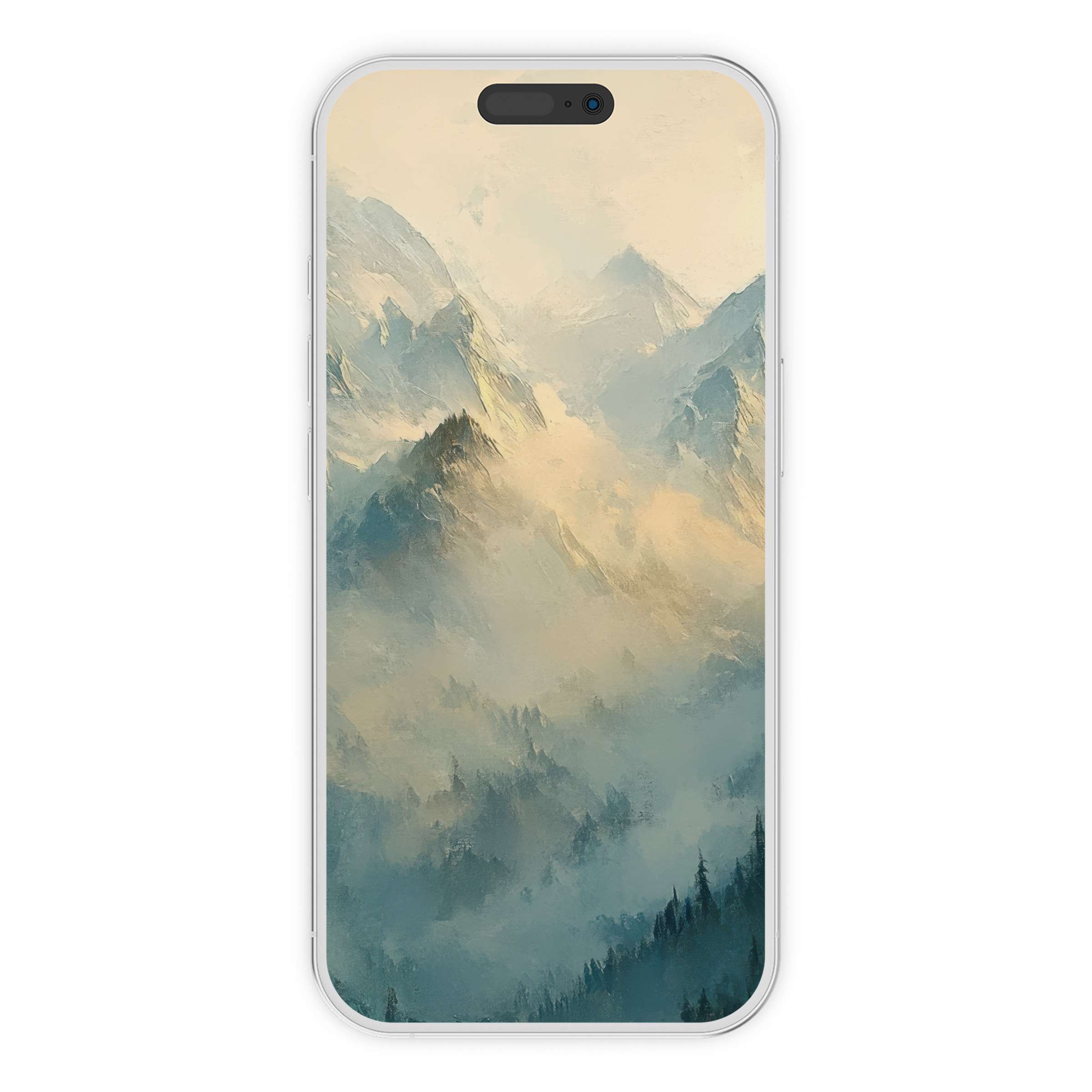 Spring iPhone wallpaper with serene misty mountains offering a tranquil phone background in digital download for all devices