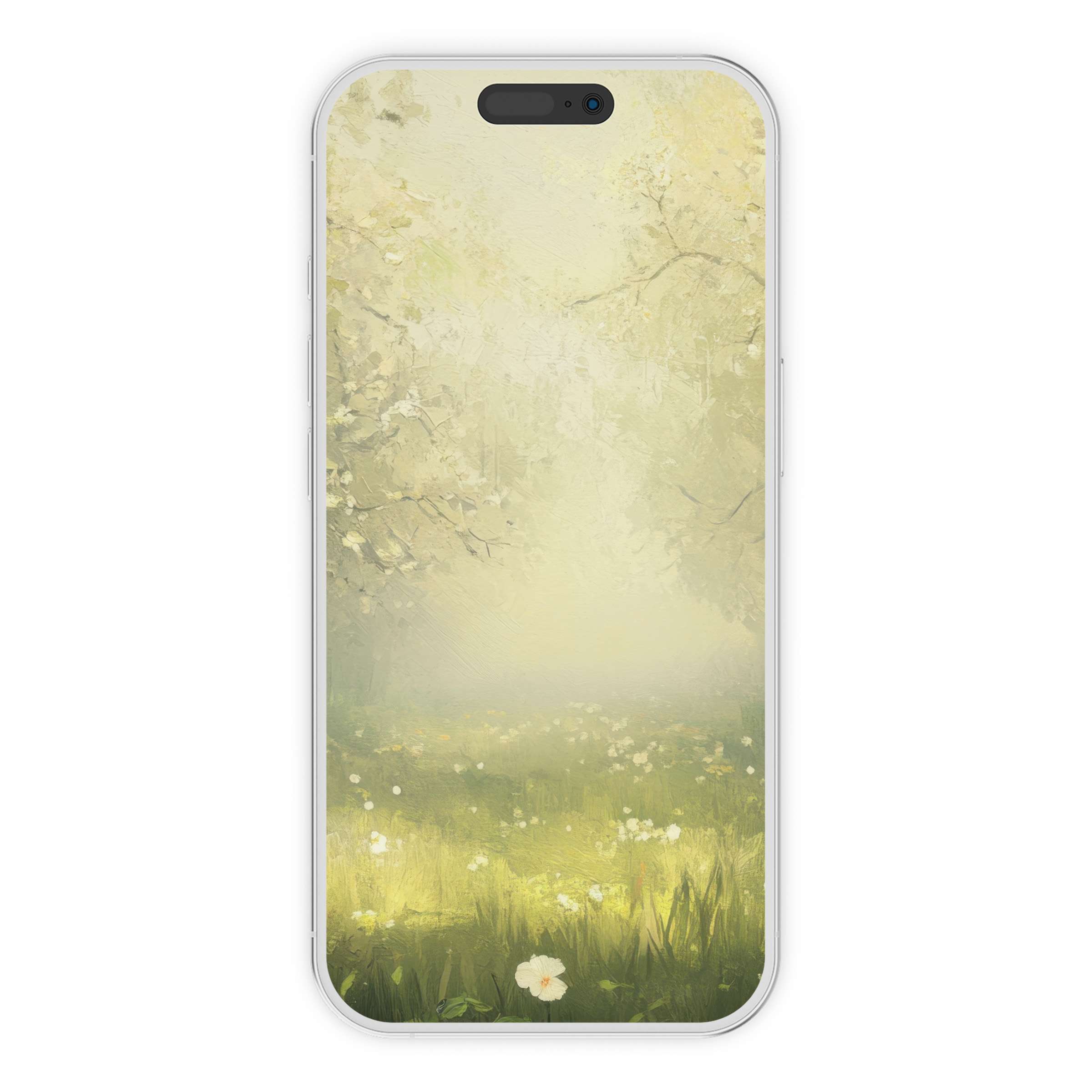 Spring iPhone wallpaper digital download features a serene green meadow with blooming flowers, perfect phone background for elegance and calm
