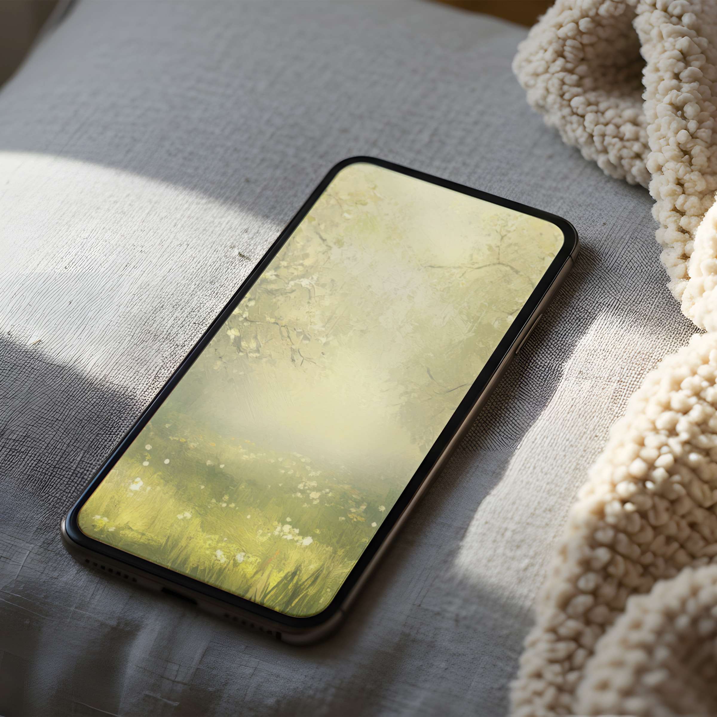 Serene landscape phone wallpaper with soft greens and whites for iPhone and Android phones offers peaceful vibes and high resolution download