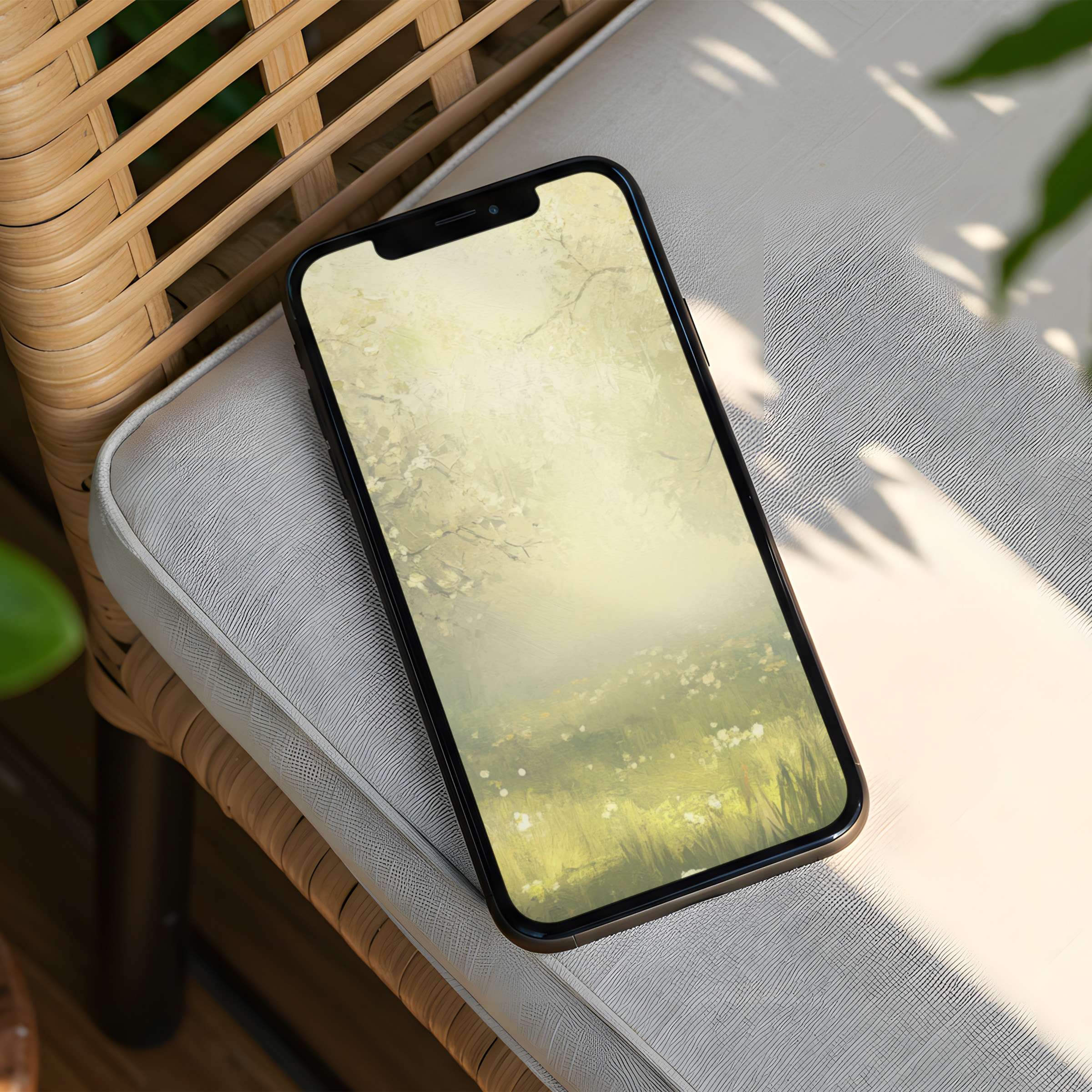 Elegant iPhone background displaying a serene green meadow scene offering instant download for phone screens inspiring calm mindfulness