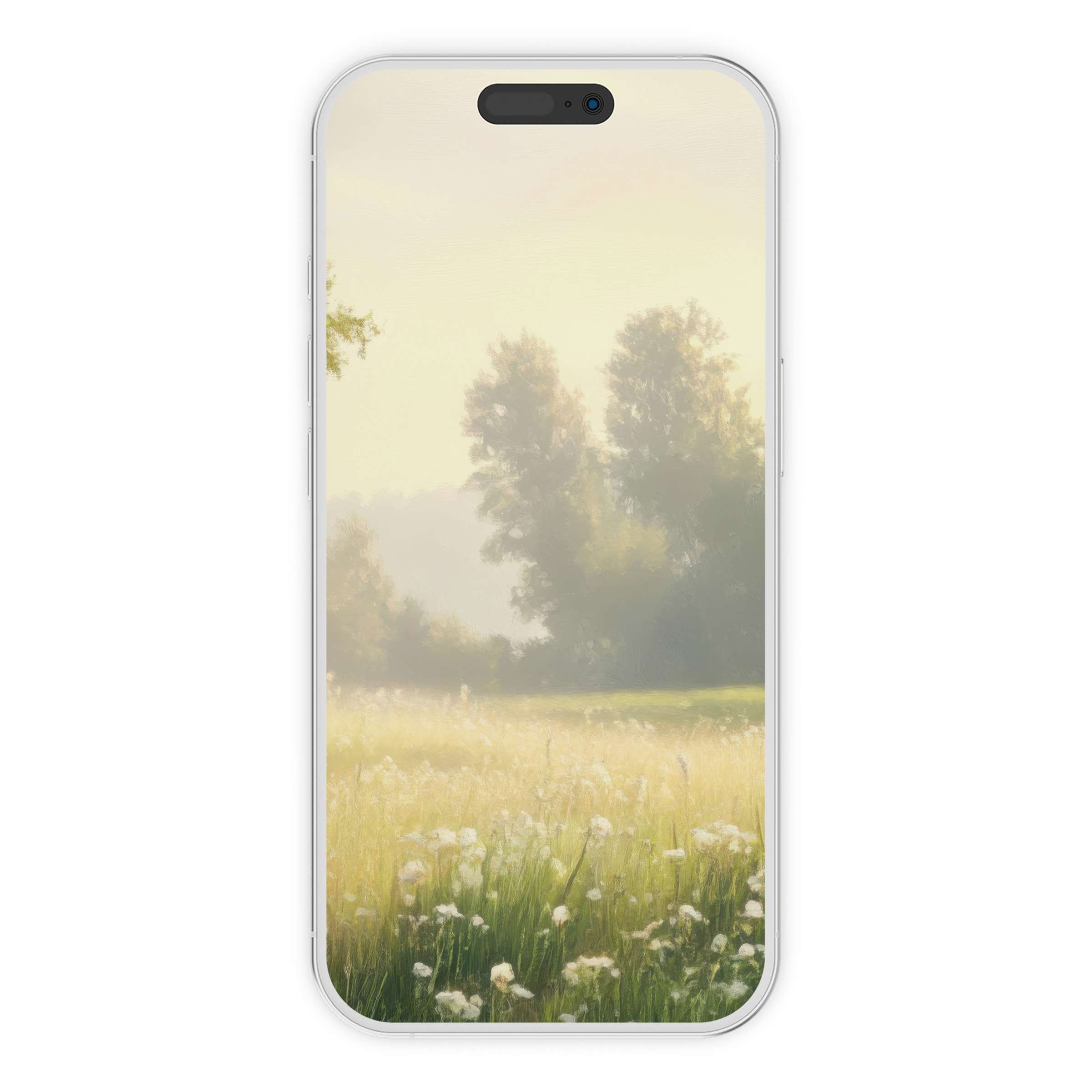 Serene spring iPhone wallpaper with a misty meadow and trees, perfect phone background for calming digital download aesthetics