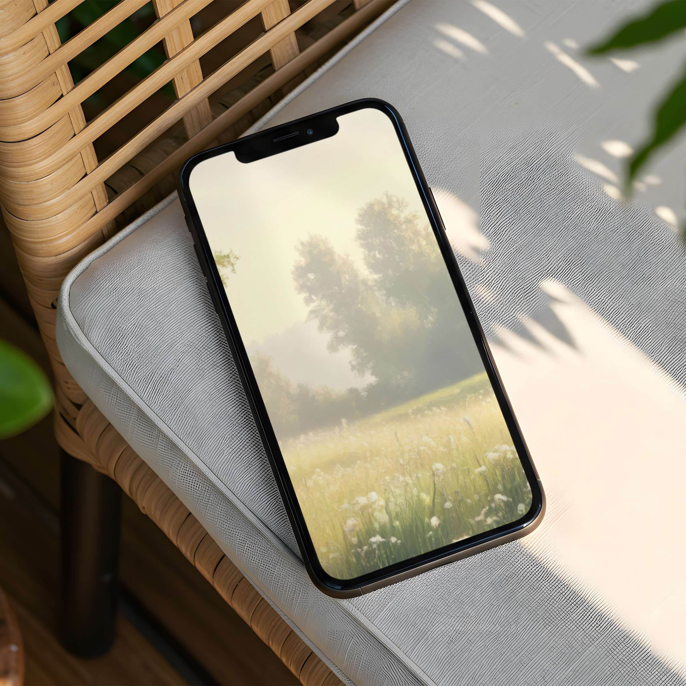 Tranquil iPhone background featuring serene meadow at sunrise offers instant download for phone users seeking elegance and calm