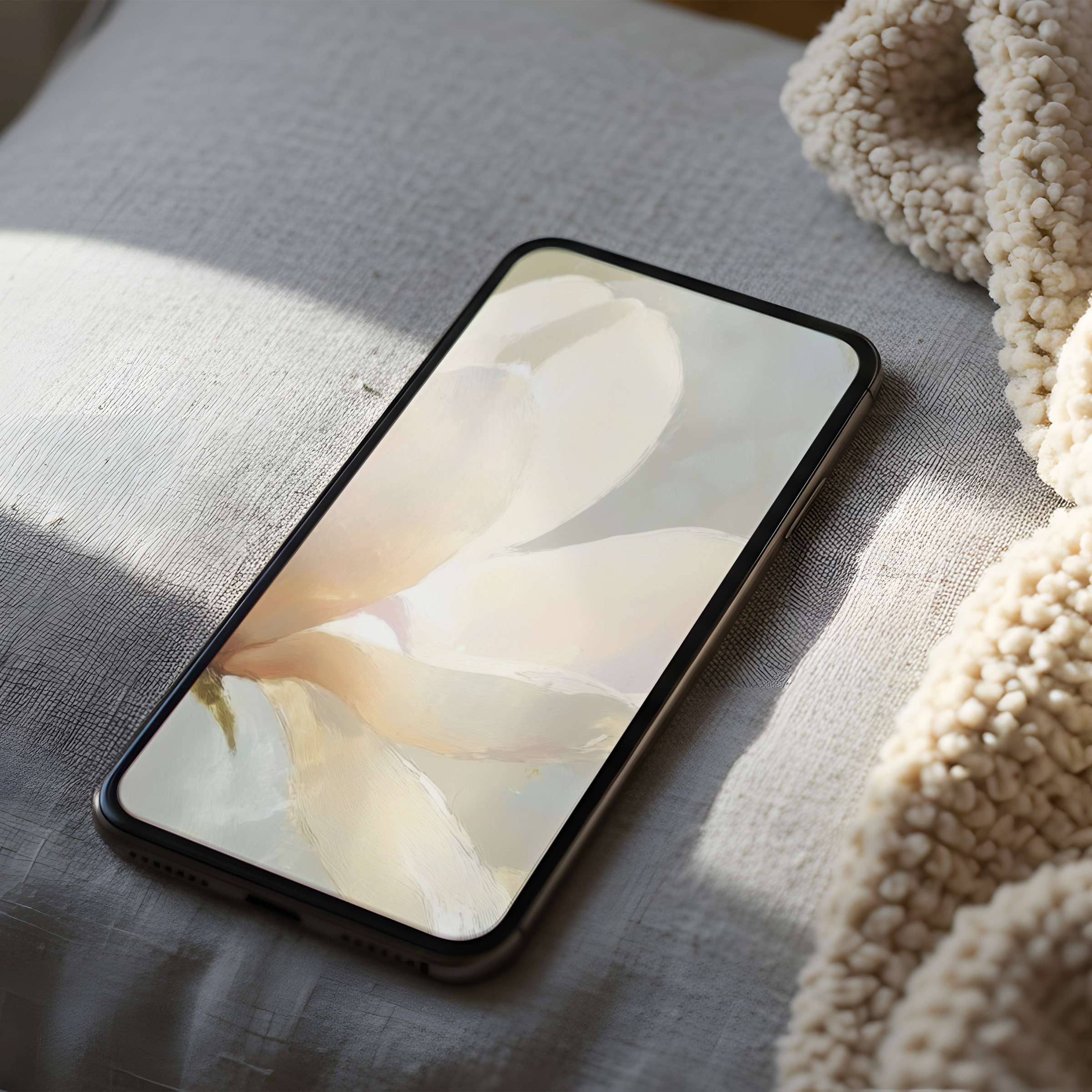 Elegant phone wallpaper featuring soft beige floral art, perfect for iPhone and Android High-resolution digital download for serenity
