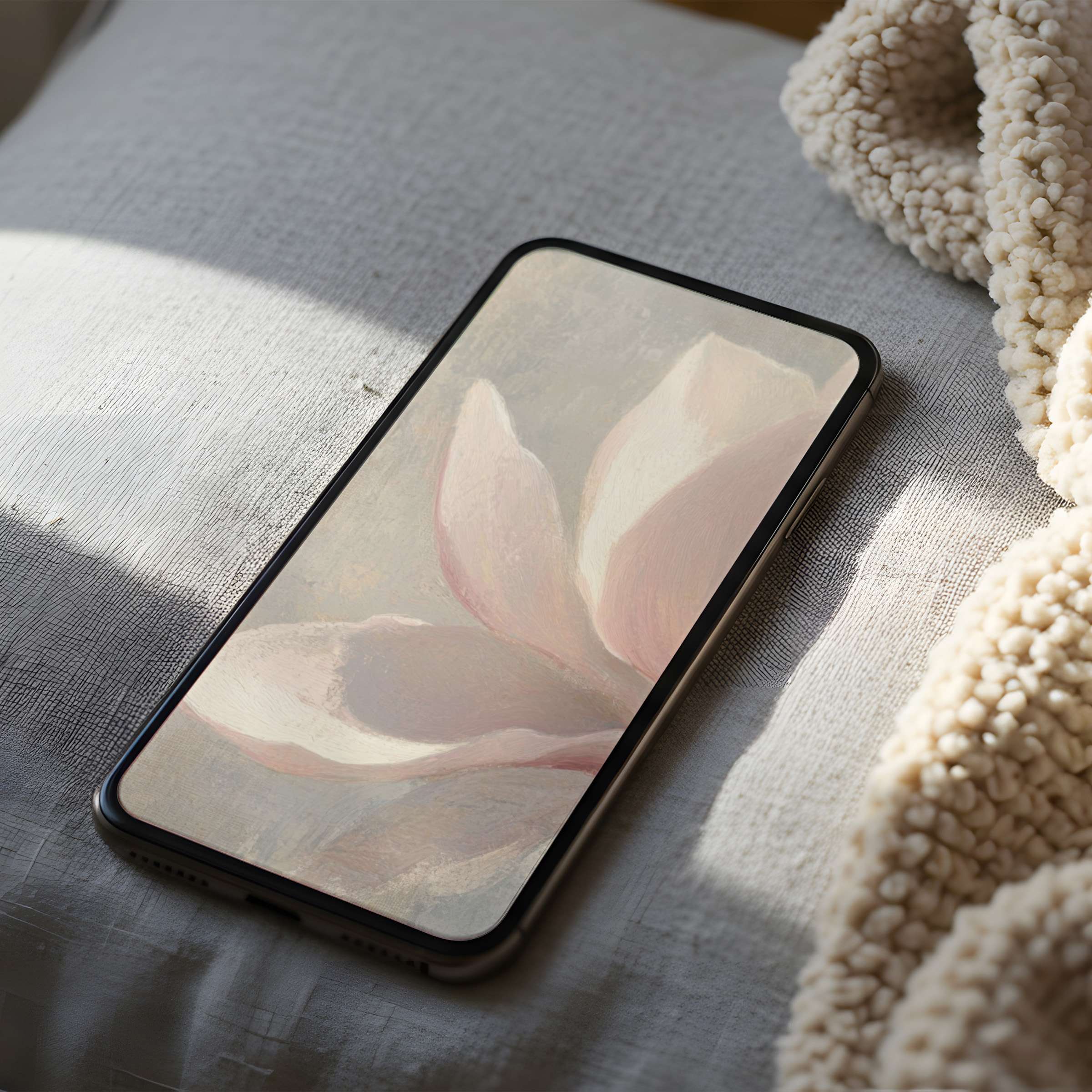 Elegant phone wallpaper featuring a soft pink floral motif on a high-resolution display suitable for iPhone and android digital download