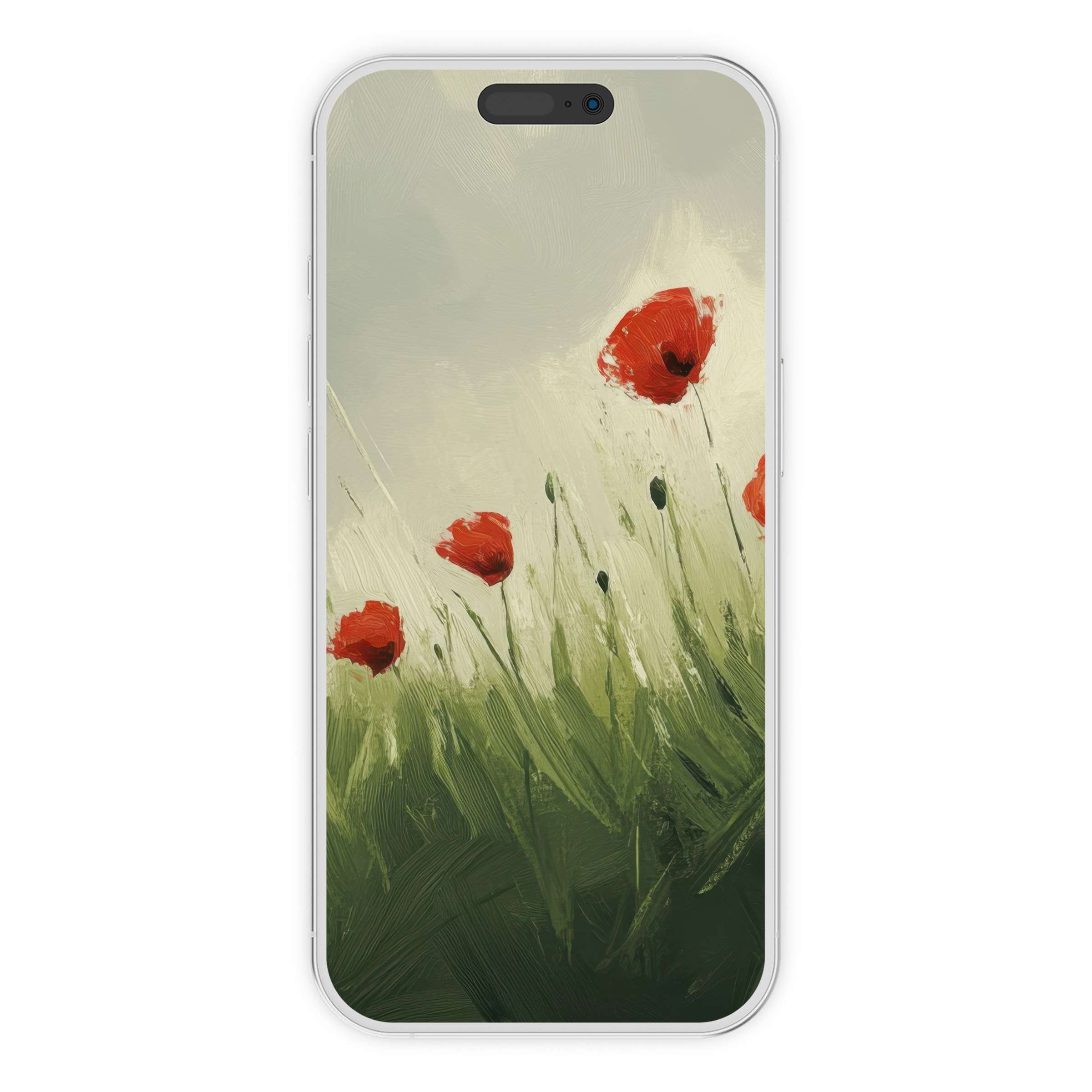 Spring iPhone wallpaper featuring red poppies with soft textures and soothing hues for an elegant, sustainable digital download phone background