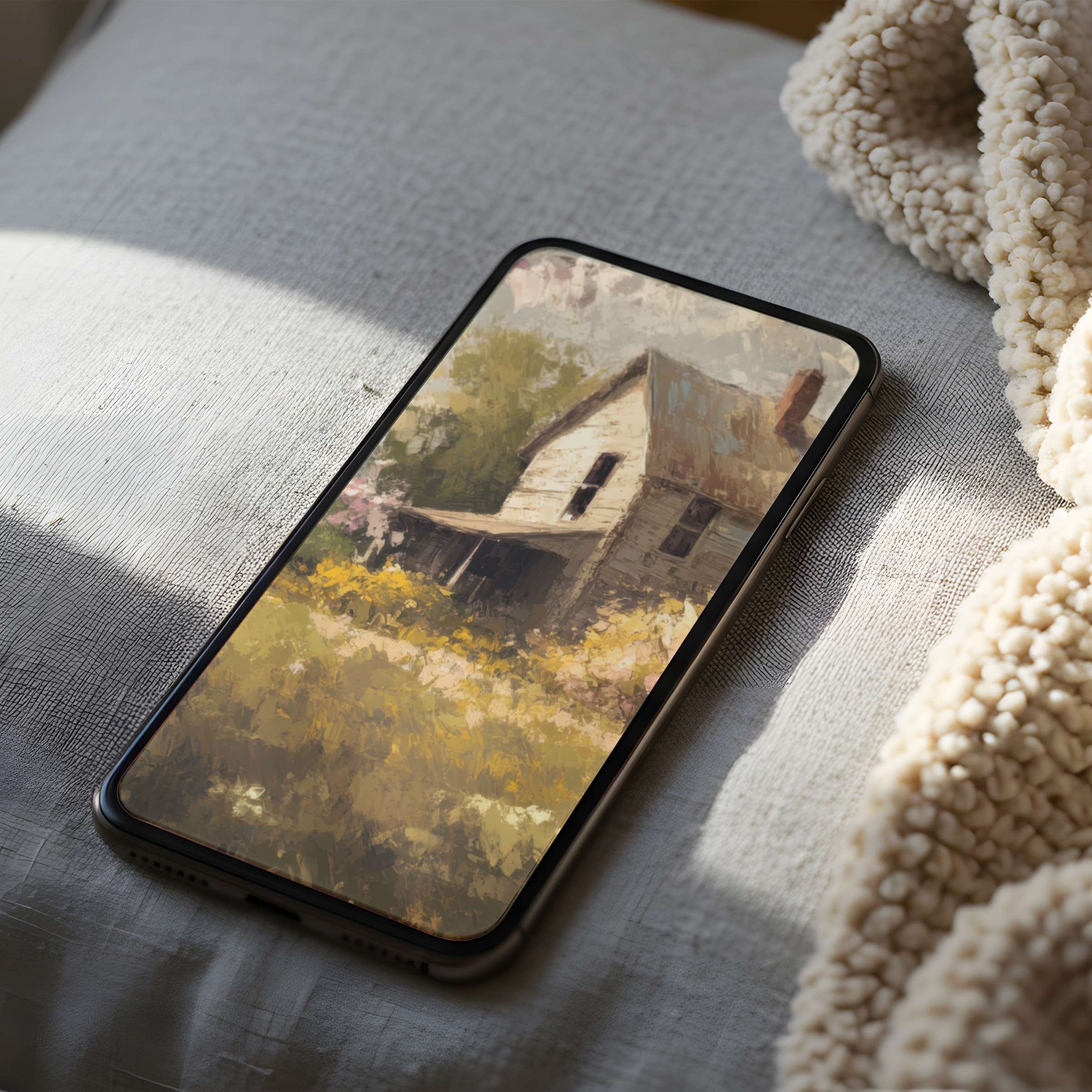Elegant phone wallpaper showcasing a serene countryside house in soft, muted colors, perfect high resolution for iPhone and Android users, digital download