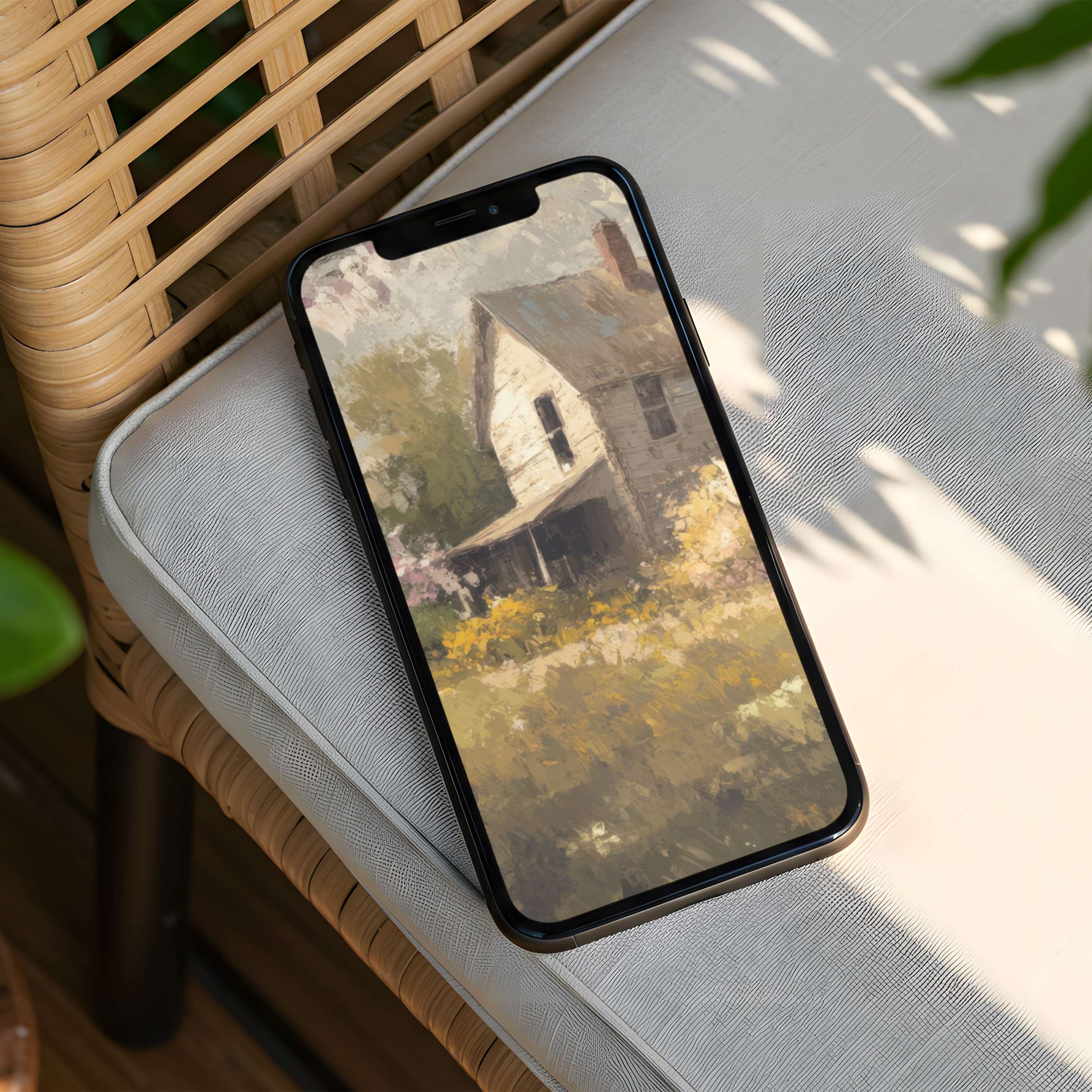 Elegant iPhone background featuring a serene cottage painting for instant download, enhancing phone aesthetics with calm inspiration