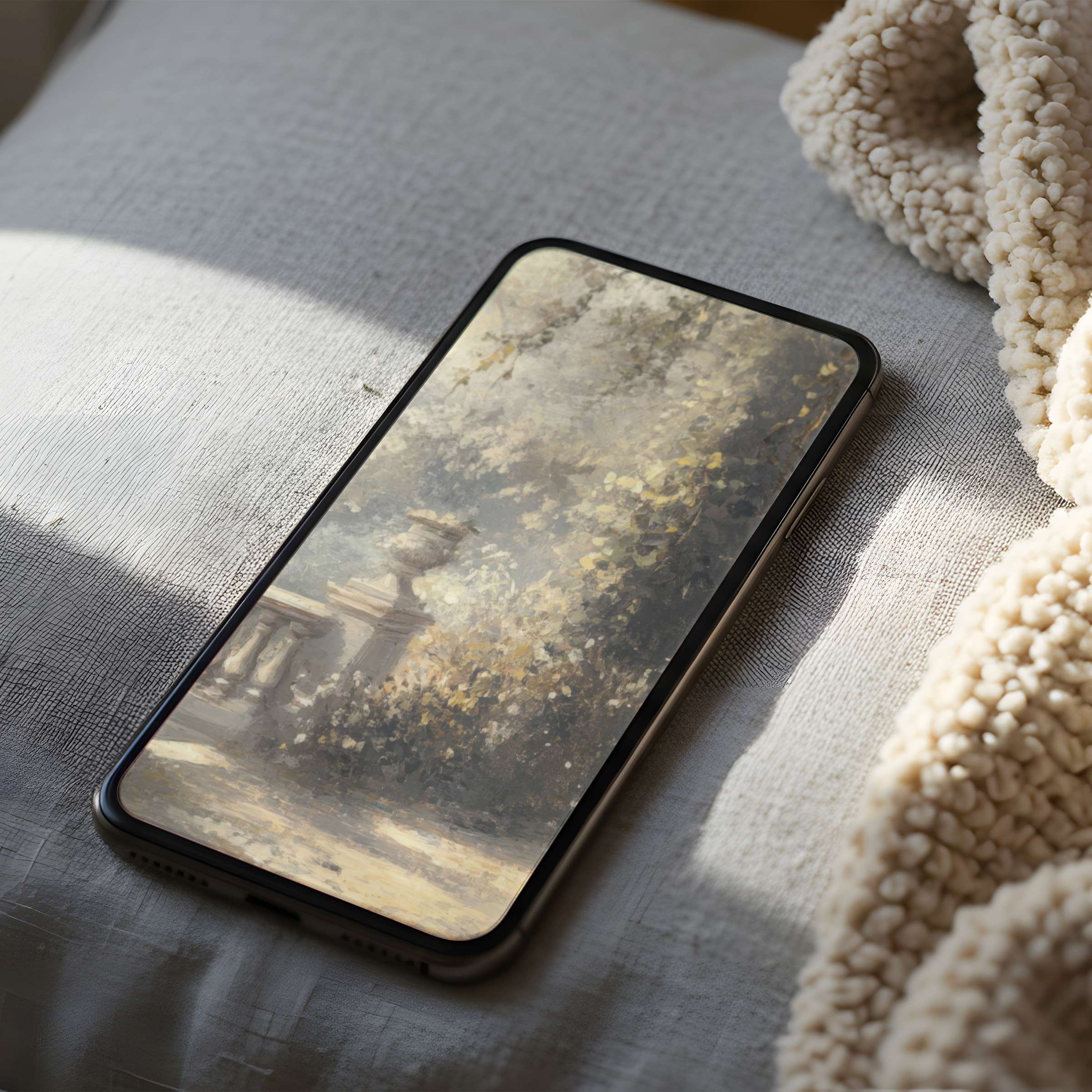 Elegant phone wallpaper featuring a serene, sunlit garden landscape in soft hues on an iPhone and android-friendly high-resolution display