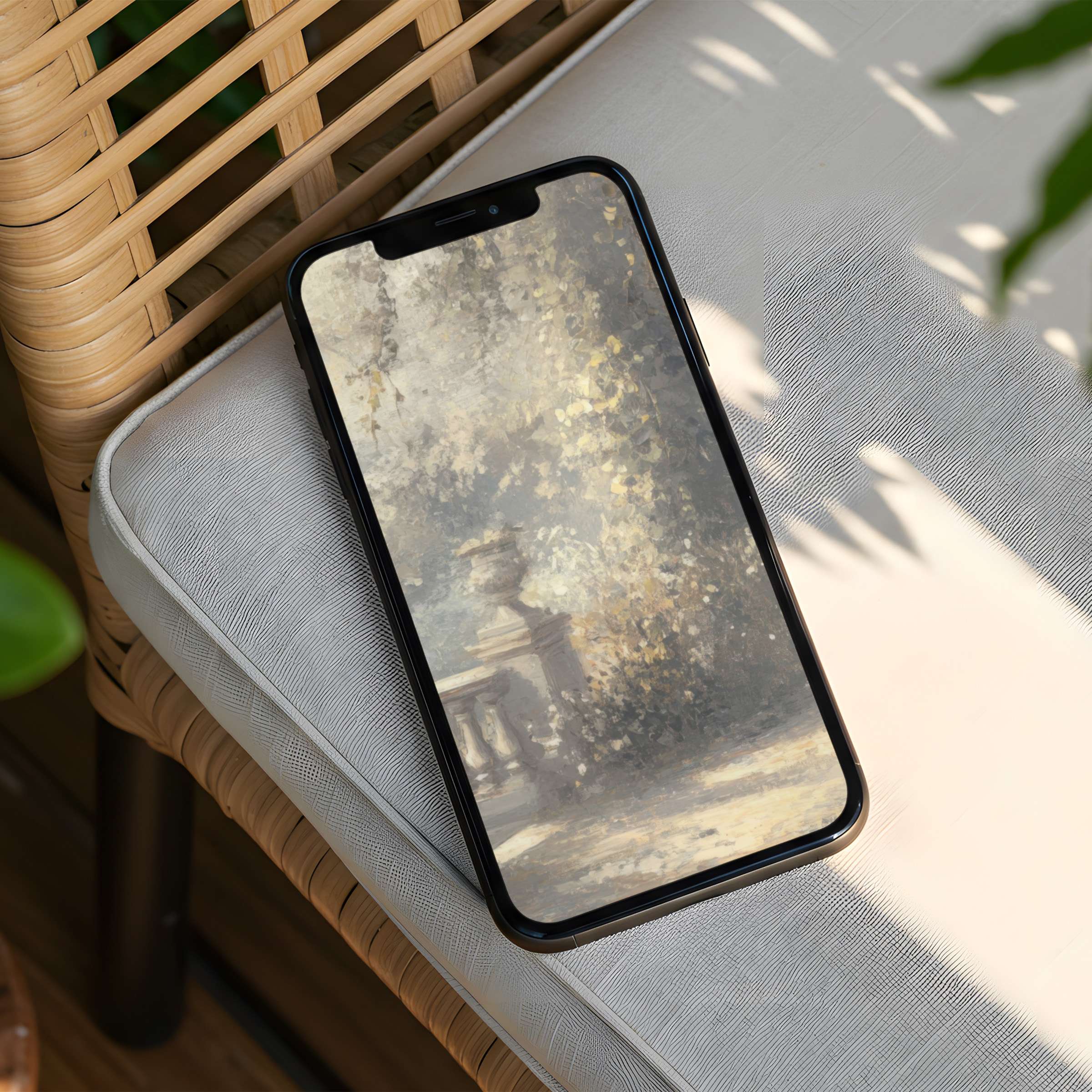 Elegant iPhone background featuring a serene, textured garden scene for instant download on phone offering calm and mindfulness