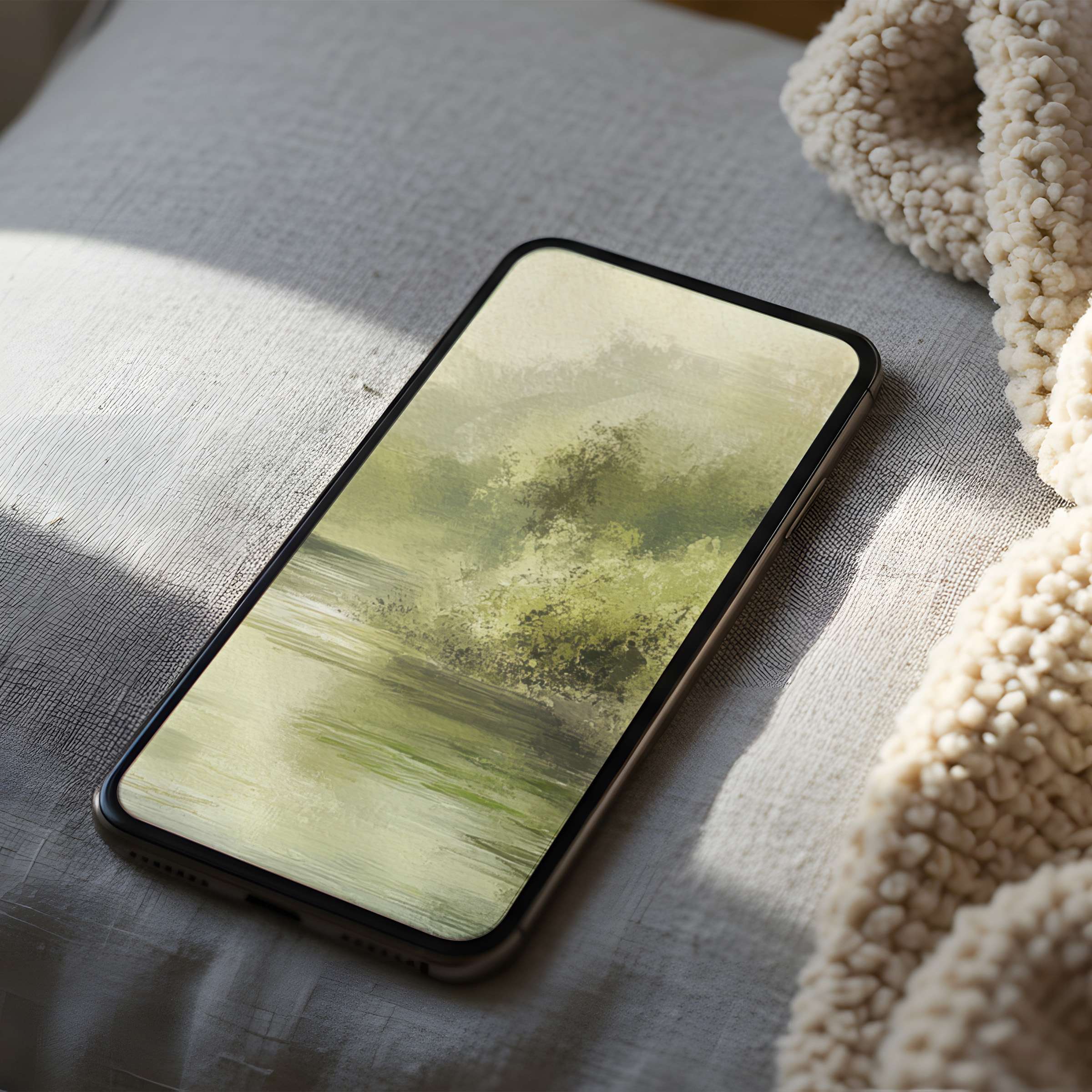 Lush green abstract phone wallpaper for serene digital artistry on iPhone or Android suits any modern, tranquil setting and mood