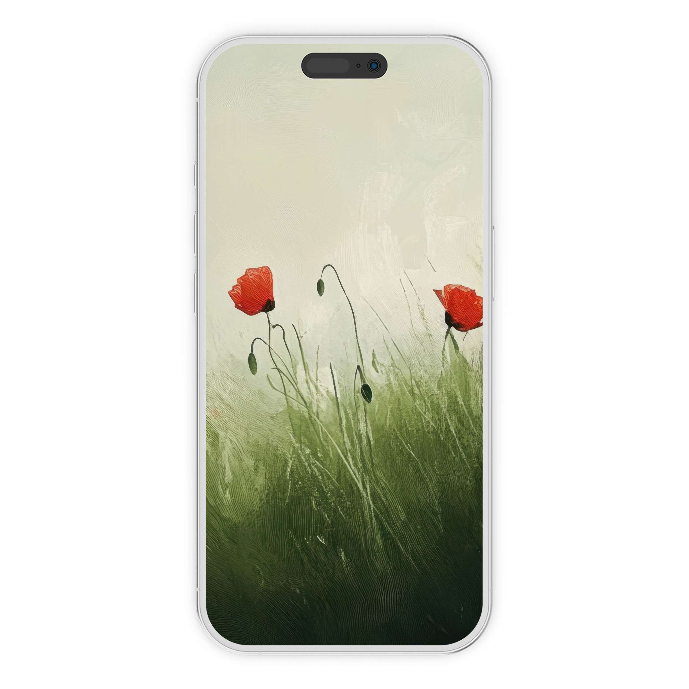 Elegant spring iPhone wallpaper featuring serene poppies in lush green fields, perfect phone background for digital download lovers